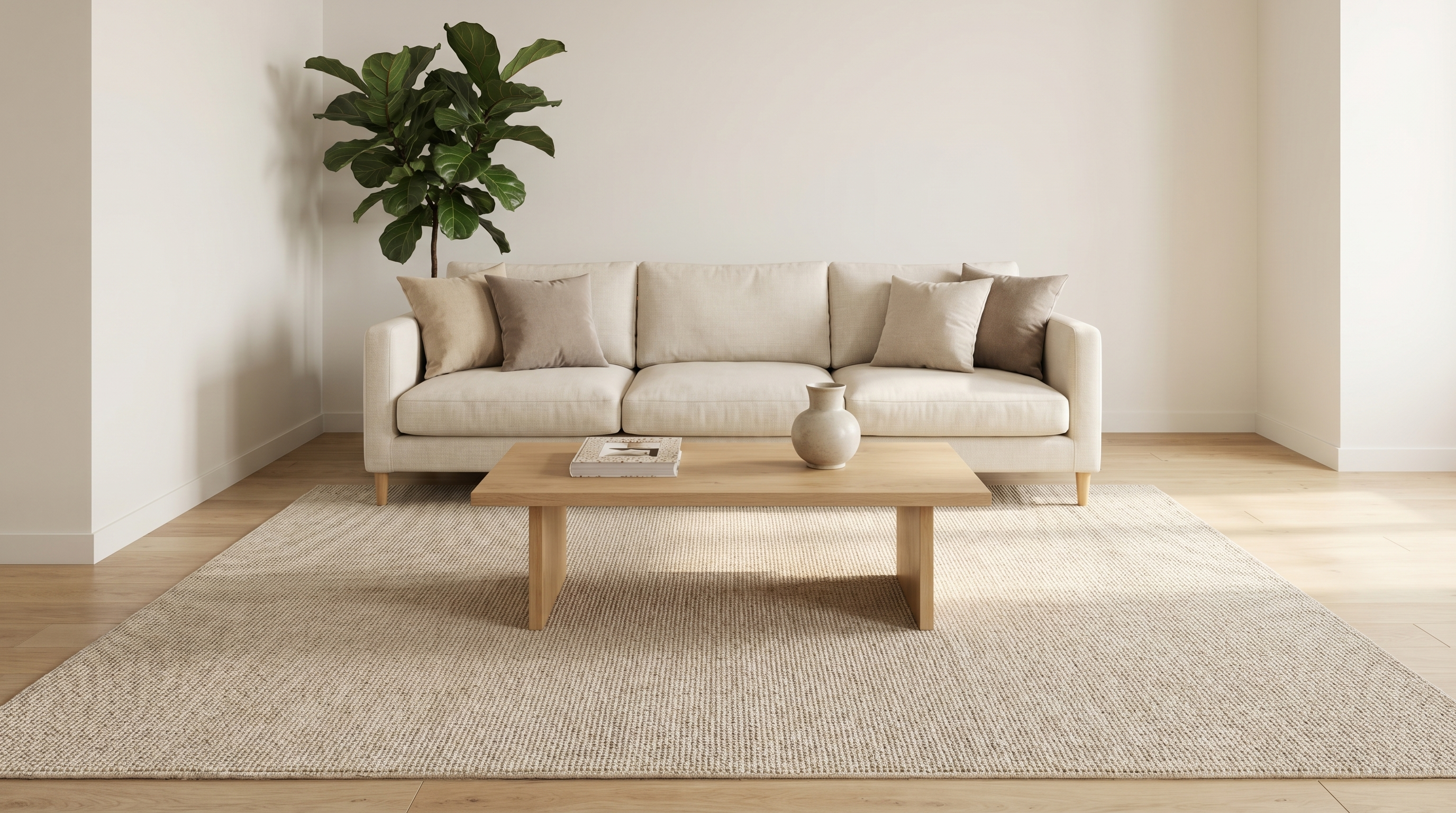 Salon contemporain avec grand tapis beige 200x300, canapé en lin écru et table basse en chêne, lumière du jour
