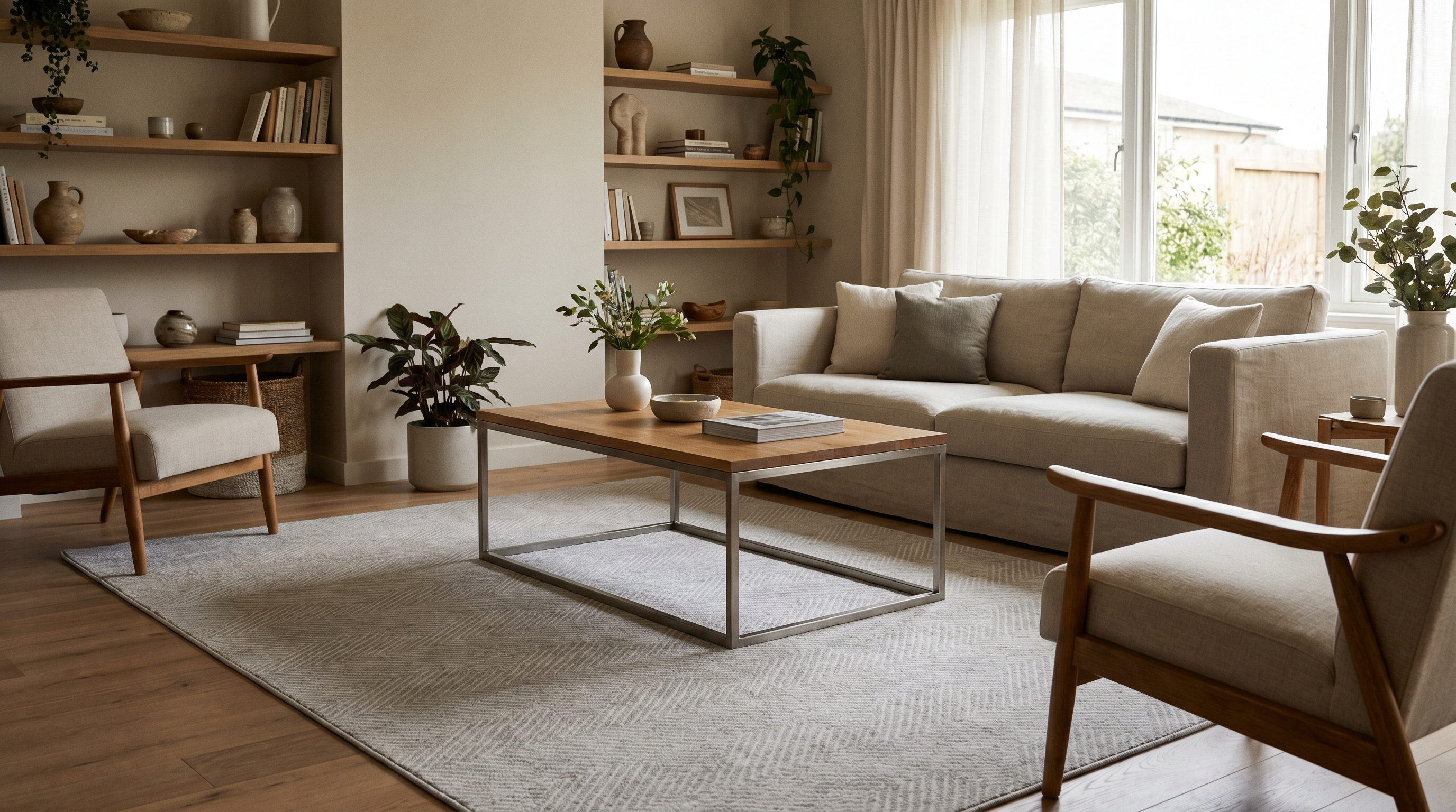 Tapis beige clair lavable Easy Clean dans un salon moderne avec canapé écru et lumière naturelle