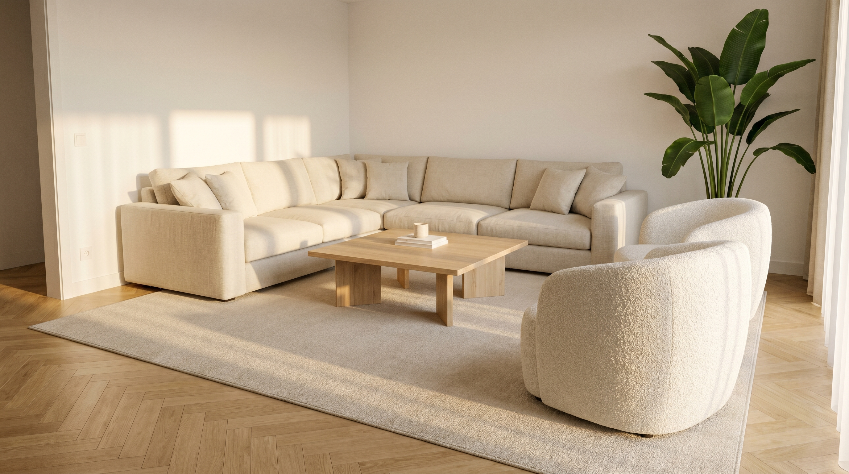 Salon contemporain avec grand tapis 200x300 sous canapé écru et table basse en chêne, plan large montrant la cohérence du format