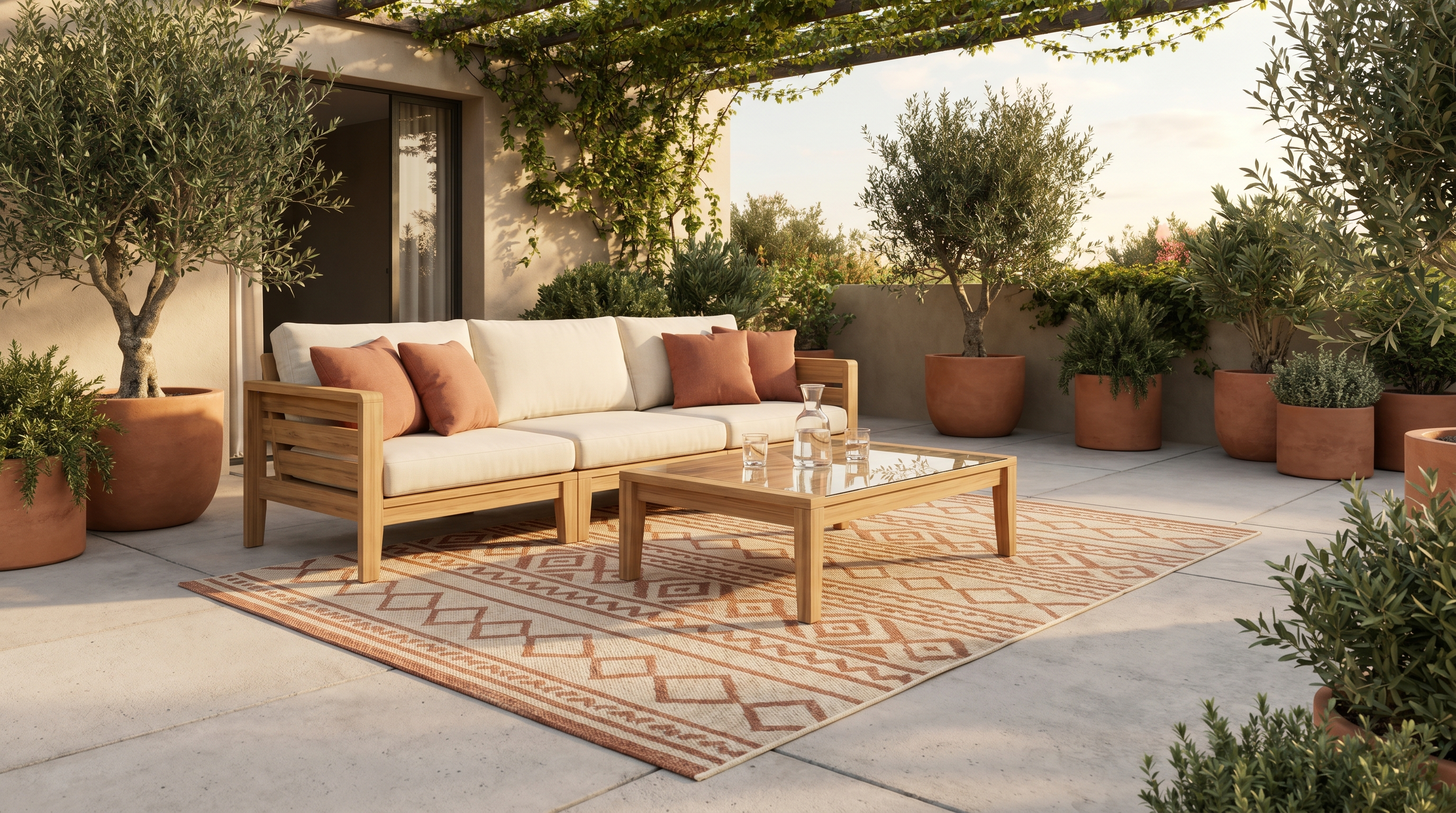 Terrasse contemporaine avec grand tapis d'extérieur beige et terracotta sous un canapé en teck et table basse, plantes vertes et lumière de fin d'après-midi