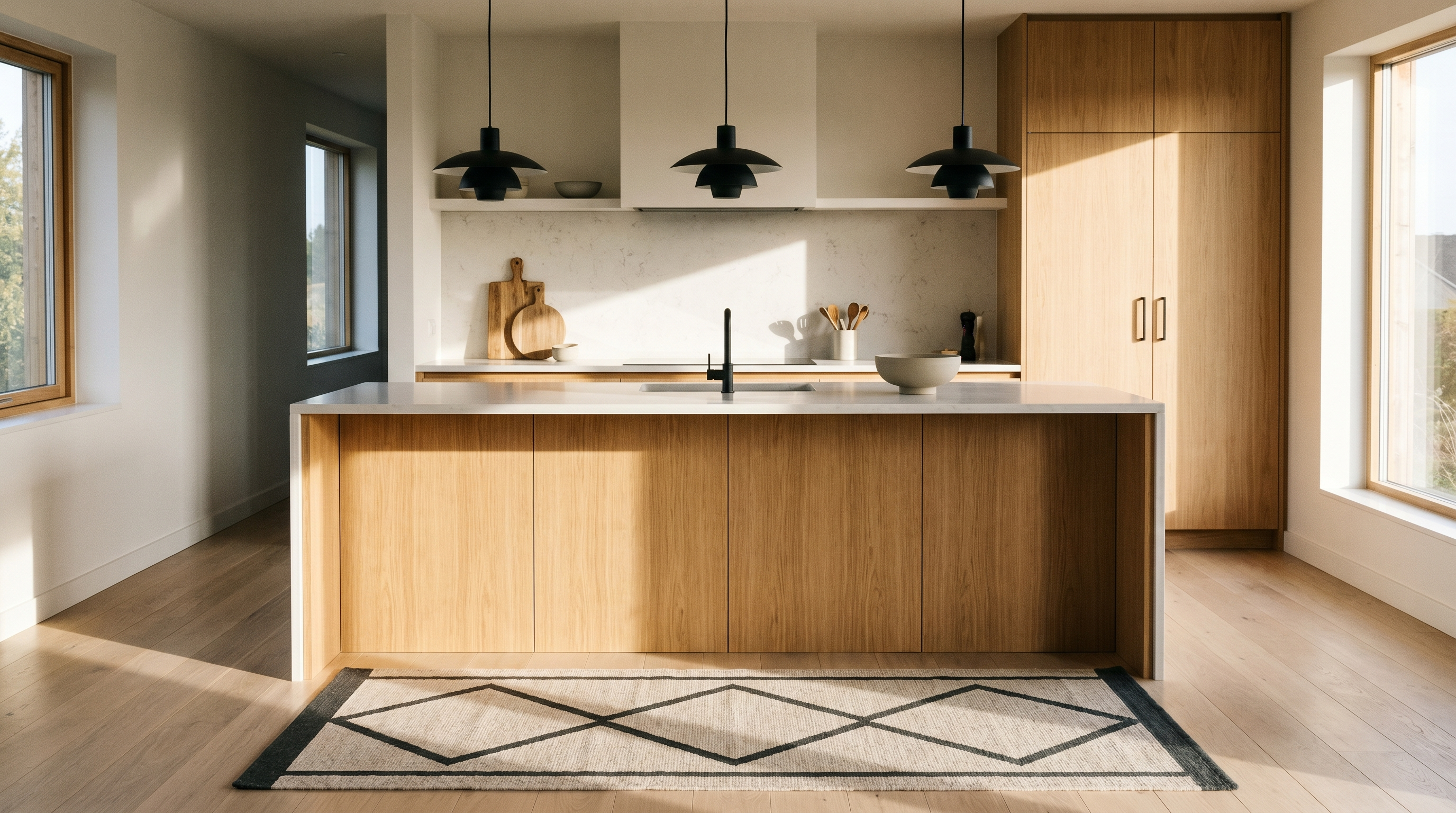 Cuisine ouverte contemporaine avec tapis runner devant un plan de travail en bois clair, motif géométrique discret beige et anthracite