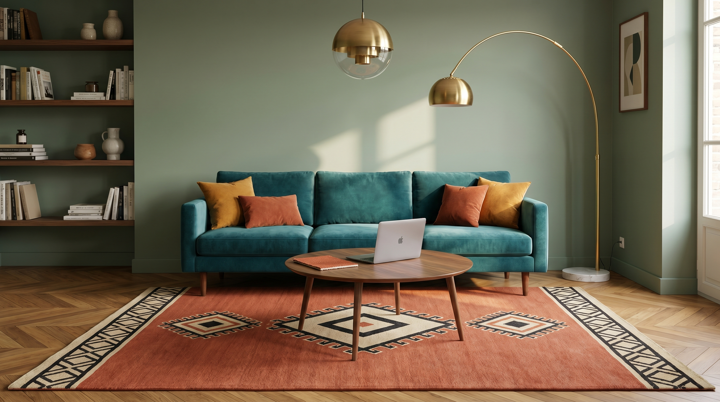 Salon contemporain avec grand tapis orange et beige devant canapé vert et table basse, ordinateur portable ouvert sur la table de salon