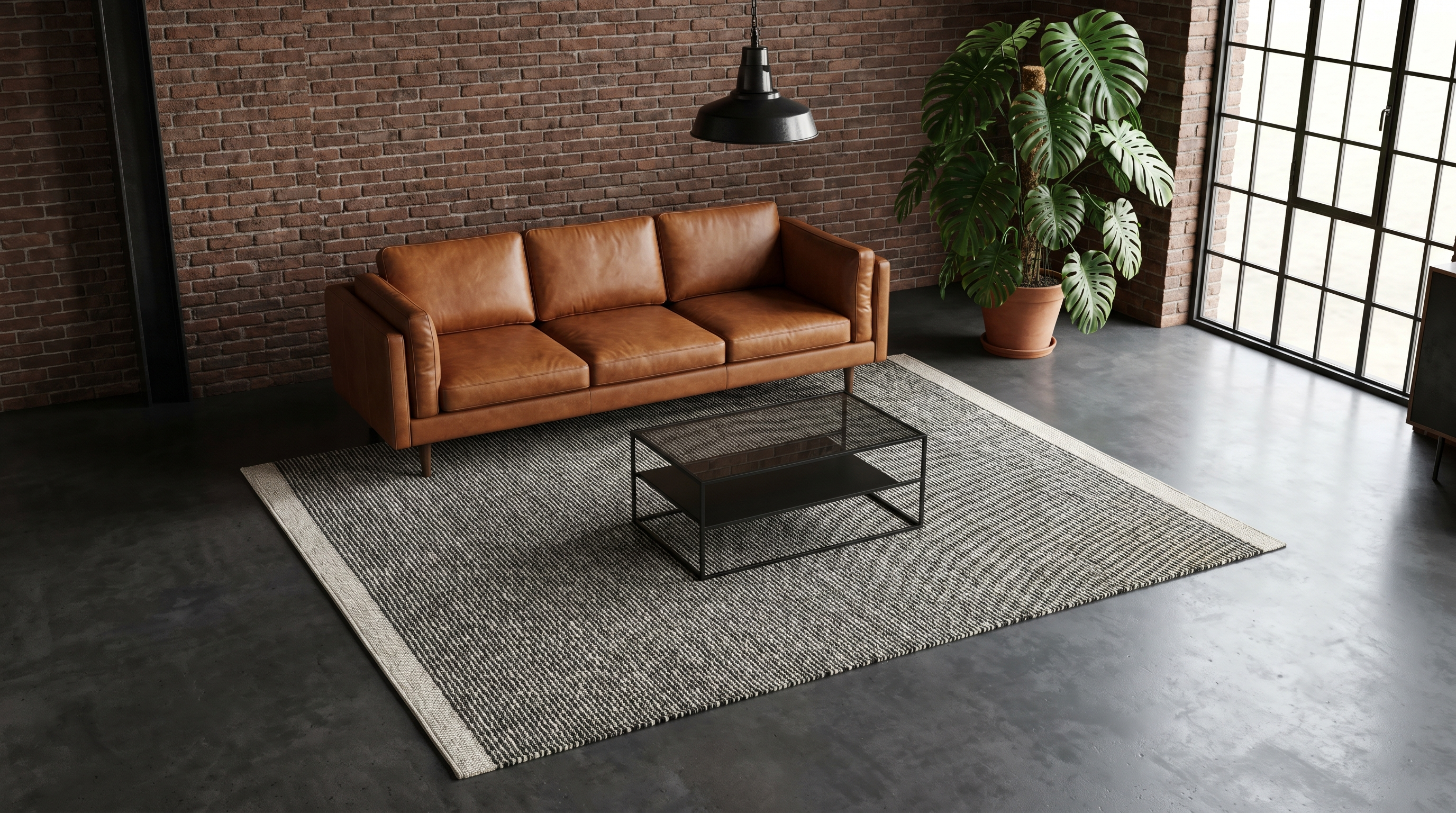 Salon contemporain avec canapé en cuir posé sur grand tapis gris qui dépasse de 20 cm de chaque côté, table basse noir style industriel