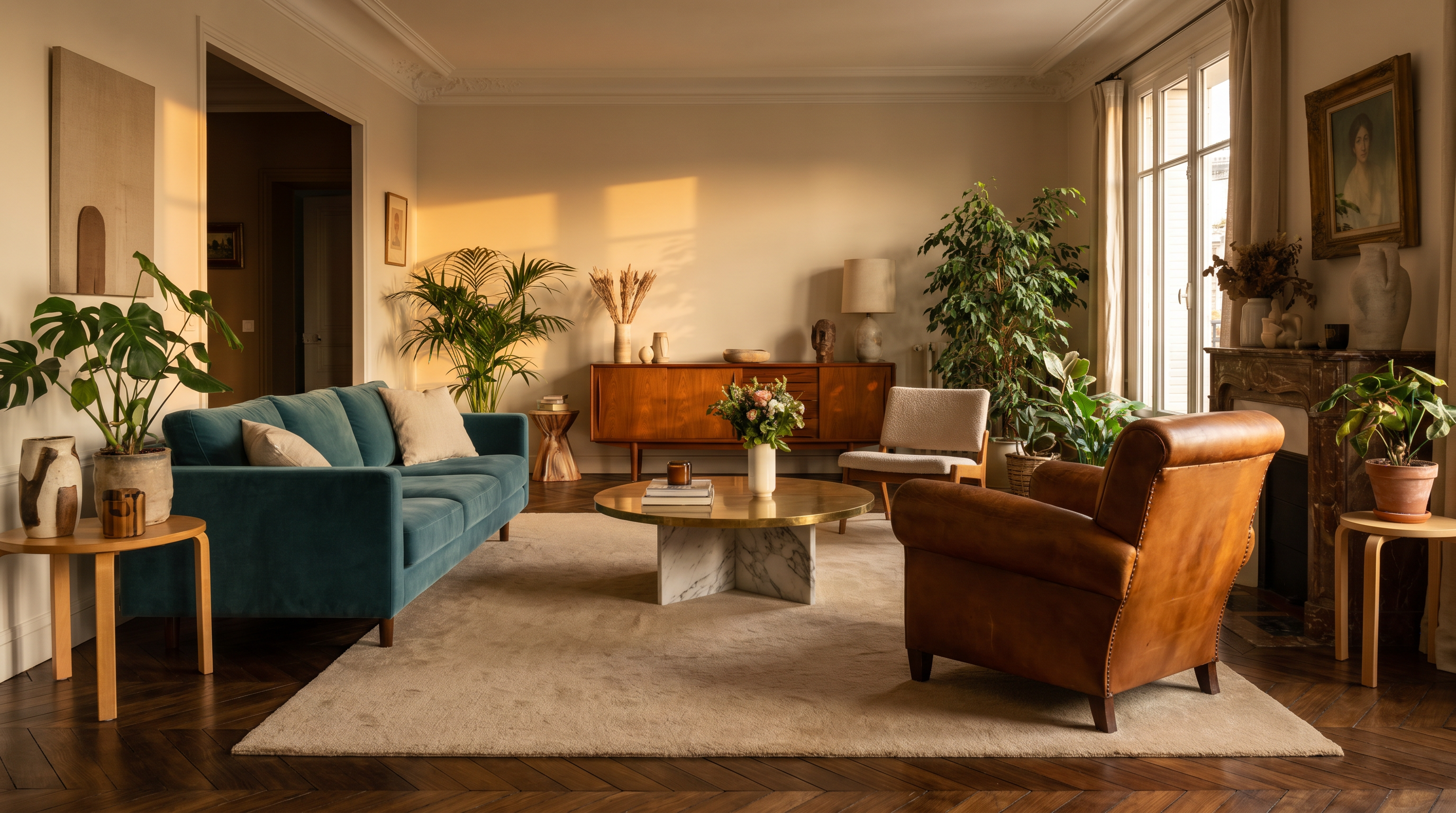 Salon mid-century moderne avec grand tapis beige sable 200x300, parquet noyer foncé point de Hongrie, canapé velours bleu canard et fauteuil cuir cognac