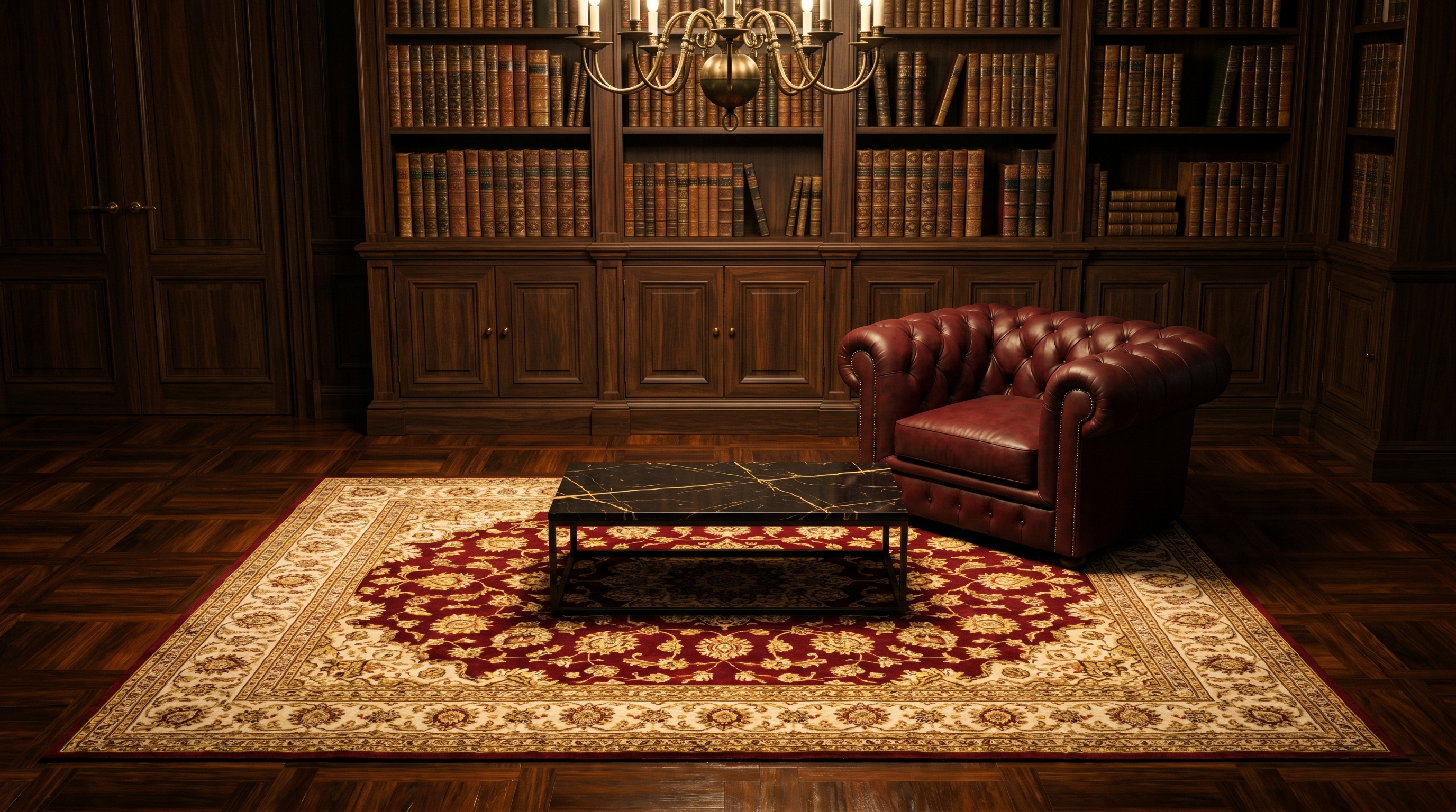 Salon haute couture avec parquet exotique sombre verni, tapis persan rouge bordeaux 200x300, fauteuil chesterfield cuir bordeaux, table marbre noir veine d'or et lustre bronze