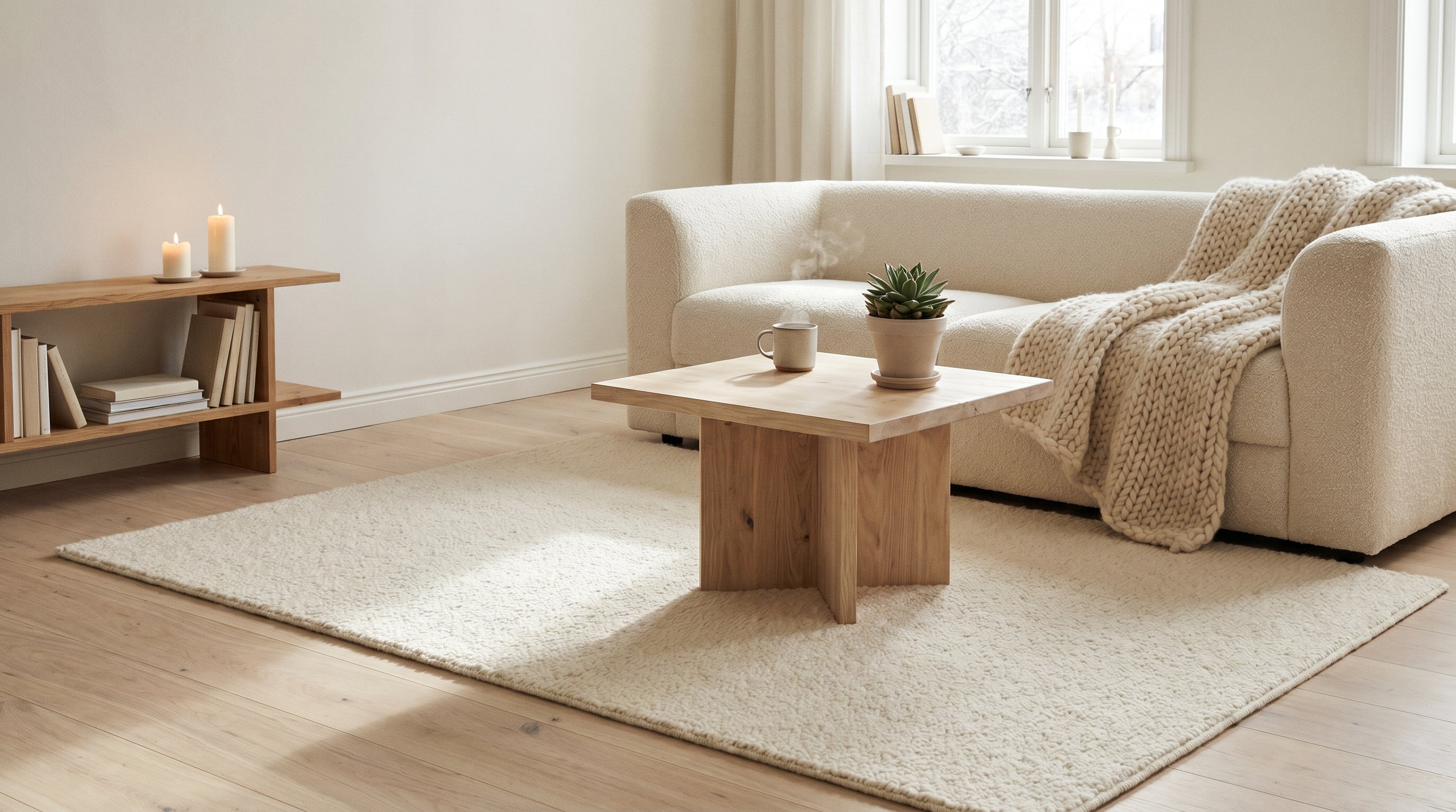 Intérieur scandinave nordique en hiver avec parquet bois clair brut, tapis laine ivoire 200x300 sous canapé bouclette crème, plaid en laine et bois sapin