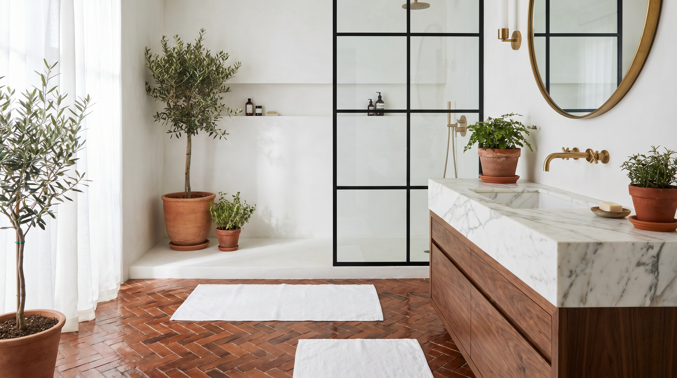 Salle de bain minimaliste contemporaine avec carrelage zellige terracotta, kit tapis bain blanc devant douche italienne, vasque marbre et robinetterie laiton brossé