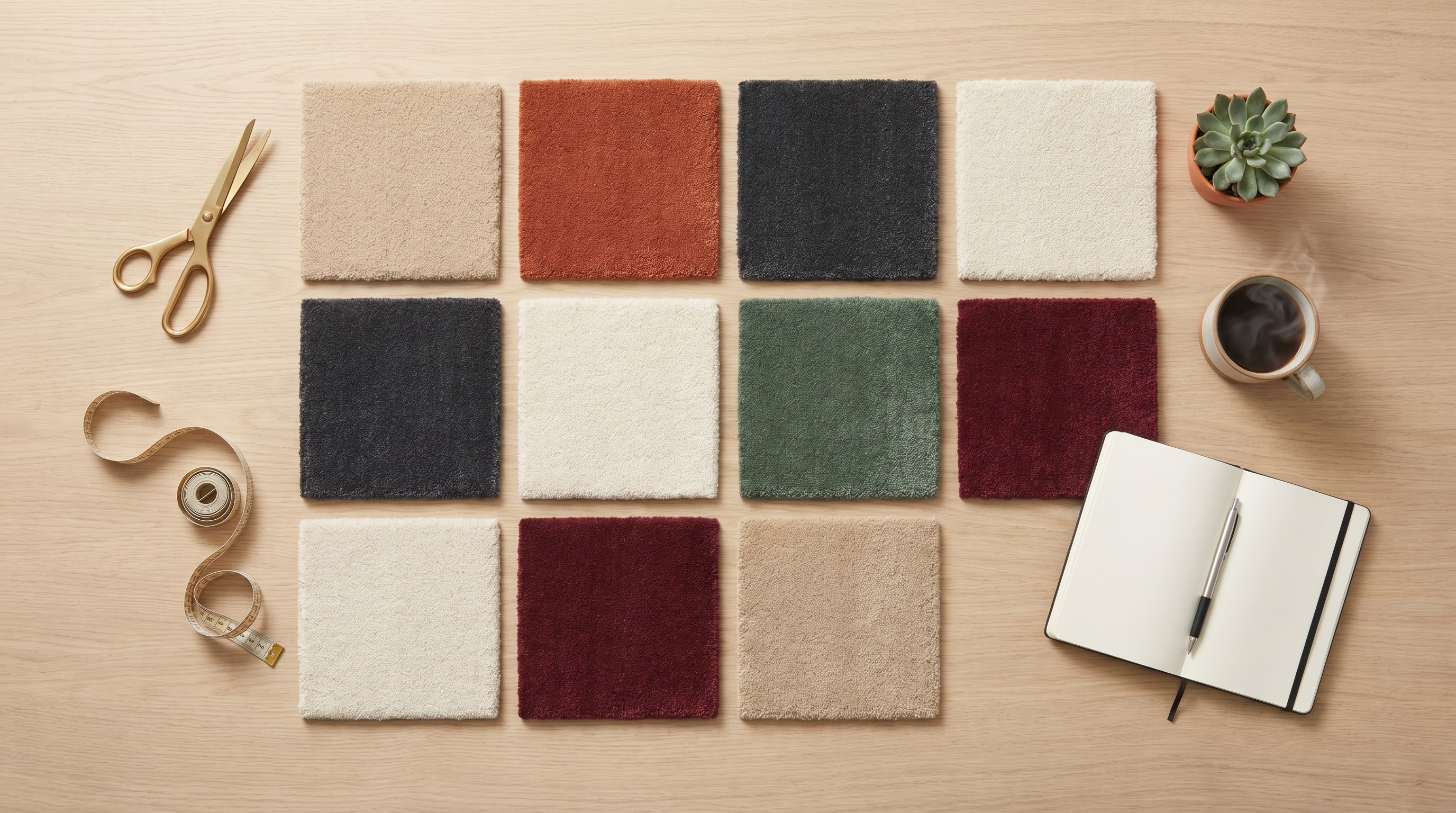 Flat lay studio styliste avec table chêne clair, échantillons de tapis posés en damier, palette beige terracotta anthracite crème, ambiance moodboard pinterest