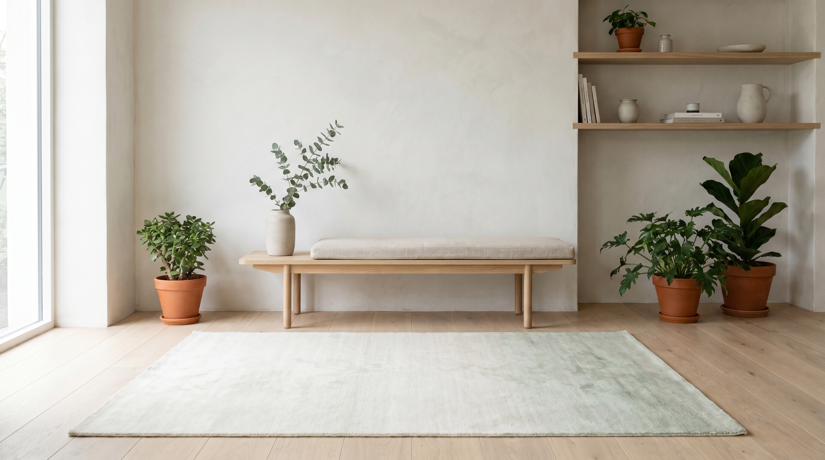 Studio japandi épuré avec parquet pâle naturel, tapis Tencel crème, lin naturel, plantes vertes en pots céramique brute et tons sauge