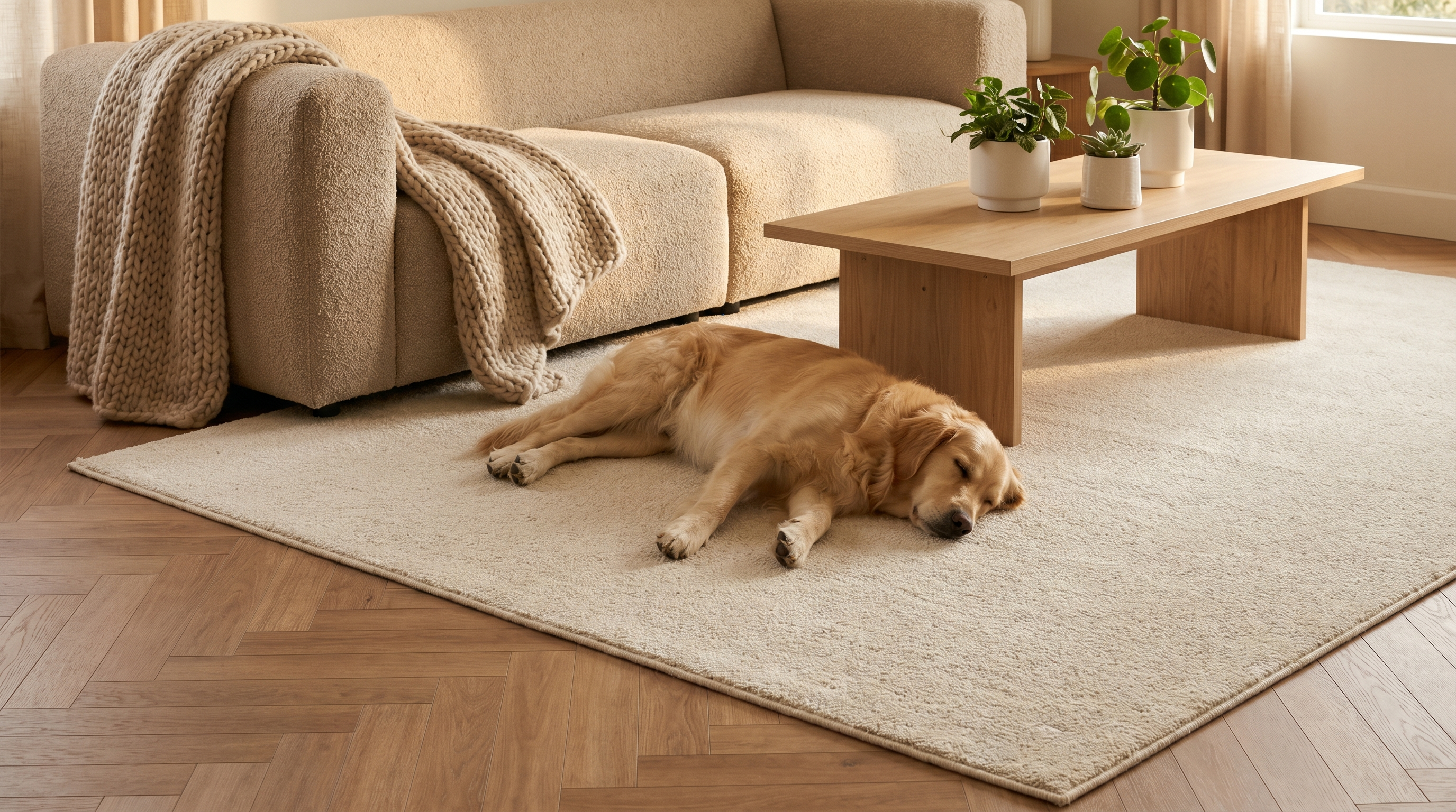 Salon slow living avec parquet noisette mat, grand tapis Easy Clean crème, chien golden retriever allongé tranquillement, canapé bouclette beige et plaid laine