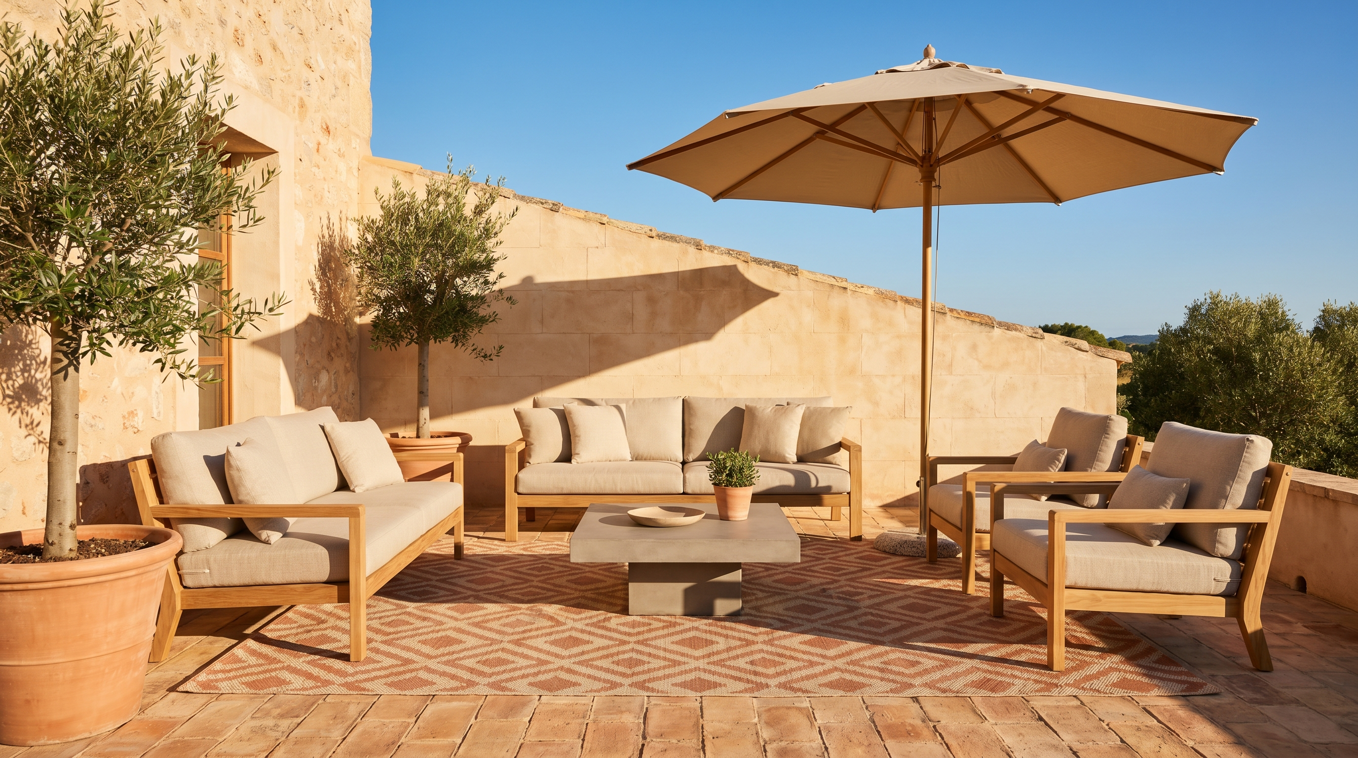 Terrasse bois exotique avec mobilier de jardin en teck, tapis extérieur polypropylène à motif géométrique beige et taupe, sous pergola et plantes méditerranéennes