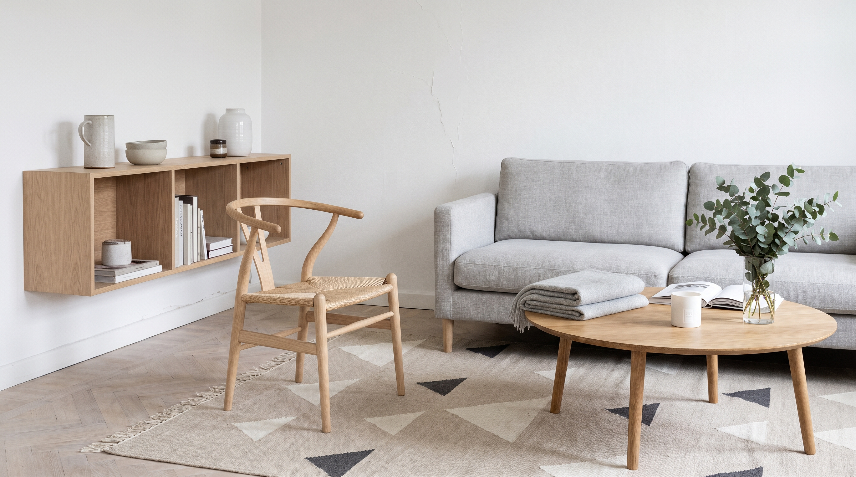 Salon scandinave lumineux avec mur blanc, canapé gris clair, tapis style nordique en laine beige à motifs géométriques discrets, pieds en bois clair