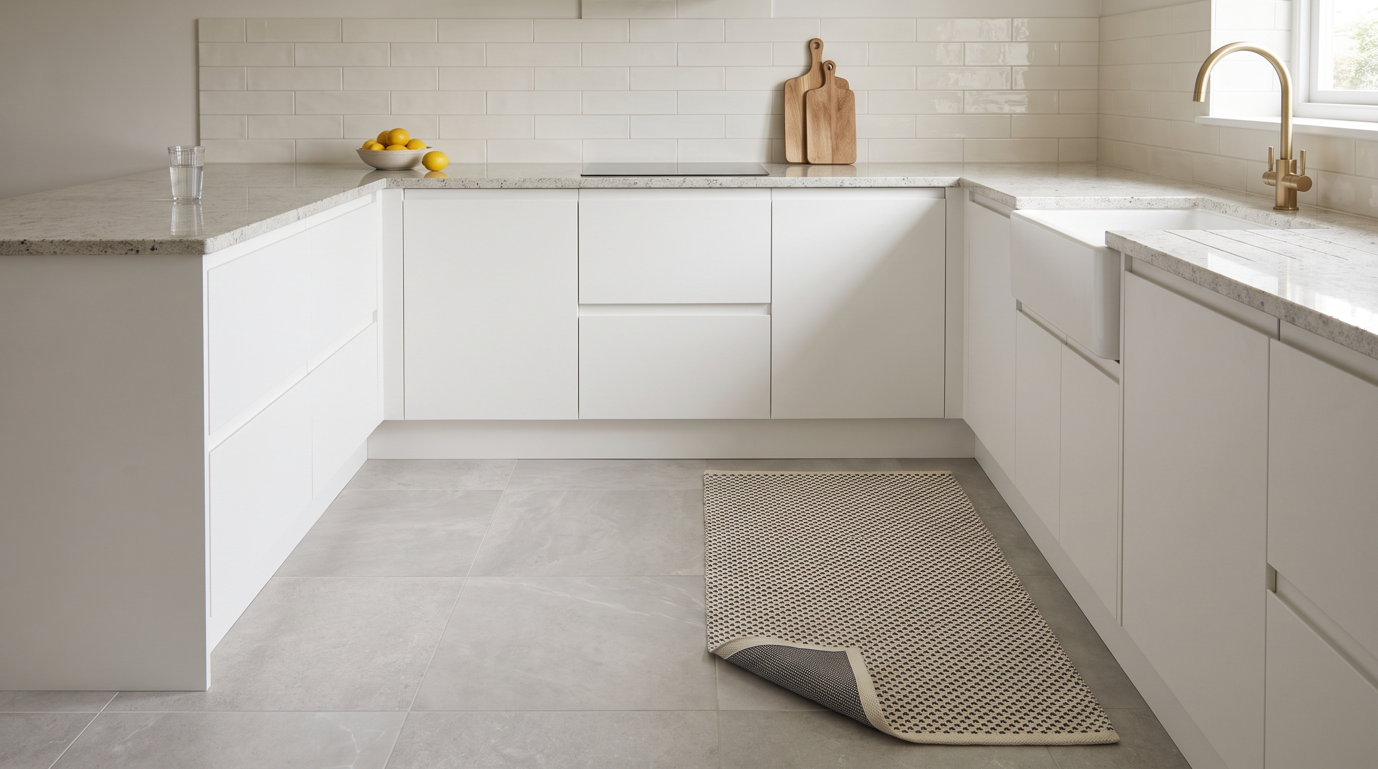 Cuisine moderne avec ilot bois clair, évier en céramique blanche, tapis devant l'évier format 80×150 polyester lavable à motif géométrique bleu sur sol carrelé gris
