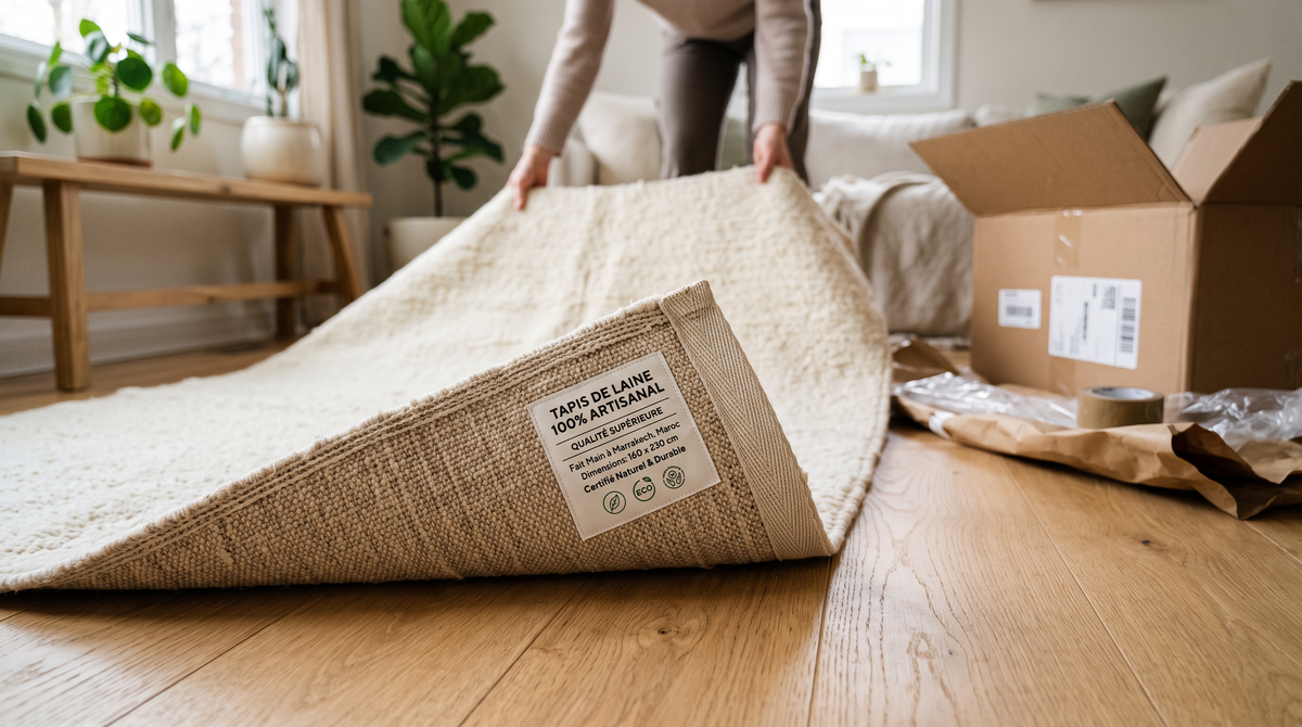 Étiquette textile Oeko-Tex Standard 100 visible sur l'envers d'un tapis blanc cassé en cours de déballage, parquet chêne clair en arrière-plan, lumière naturelle douce, atmosphère informative et professionnelle