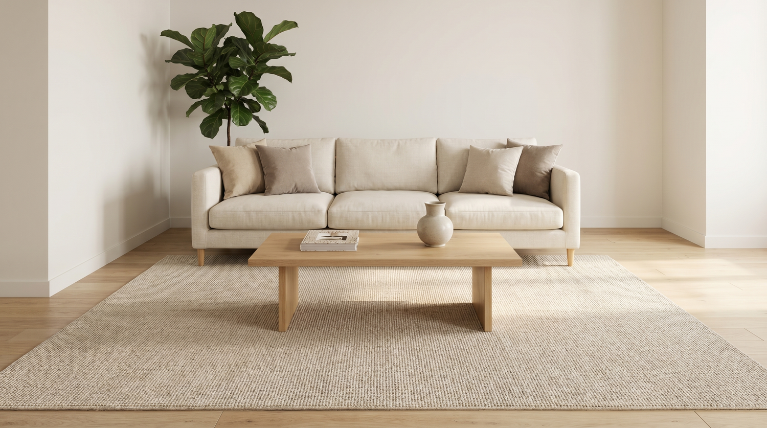 Salon contemporain avec grand tapis beige 200x300, canapé en lin écru et table basse en chêne, lumière du jour