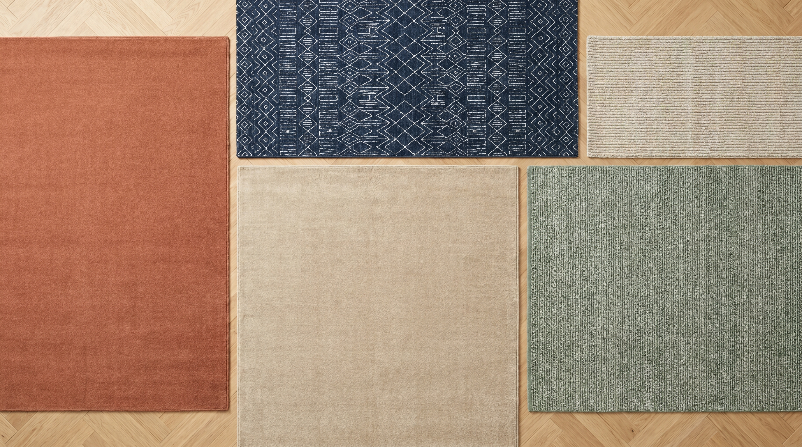 Composition de tapis aux couleurs variées (beige, gris, terracotta, bleu nuit) sur parquet clair avec mobilier contemporain