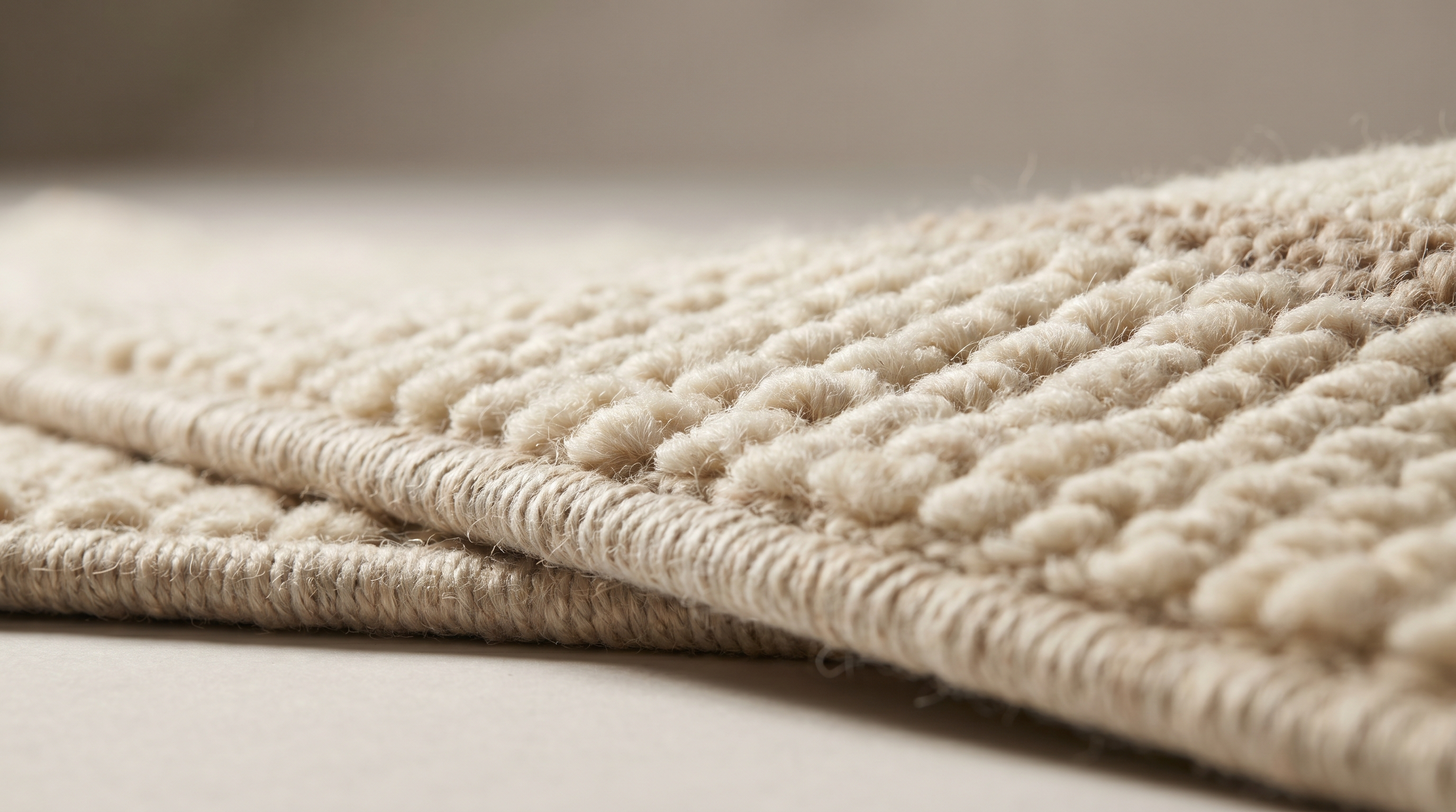 Détail macro d'un tapis fait main en laine montrant la densité du tuftage et la finition cousue main des bordures