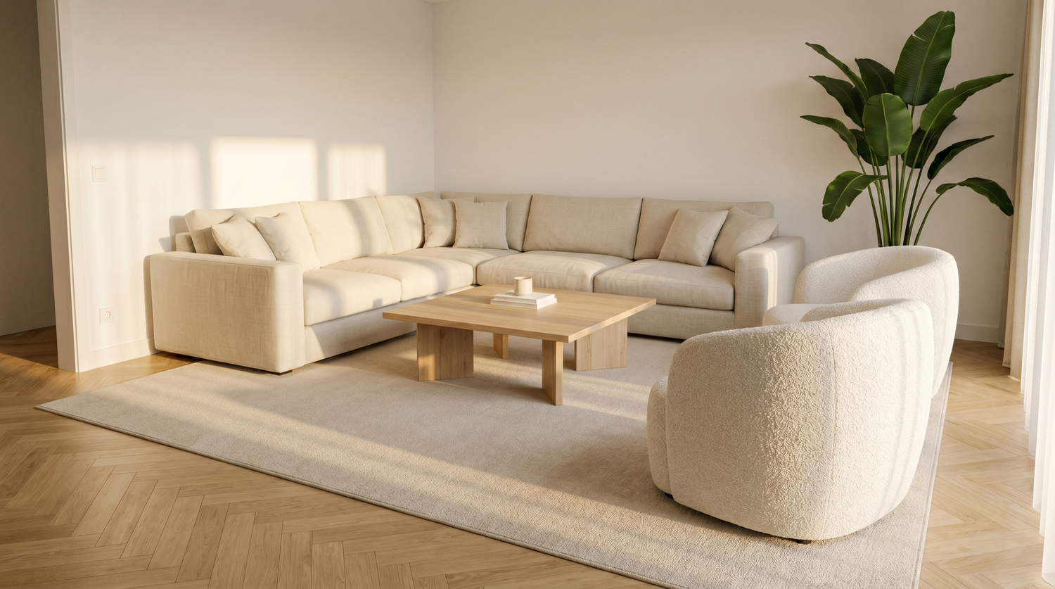 Salon contemporain avec grand tapis 200x300 sous canapé écru et table basse en chêne, plan large montrant la cohérence du format