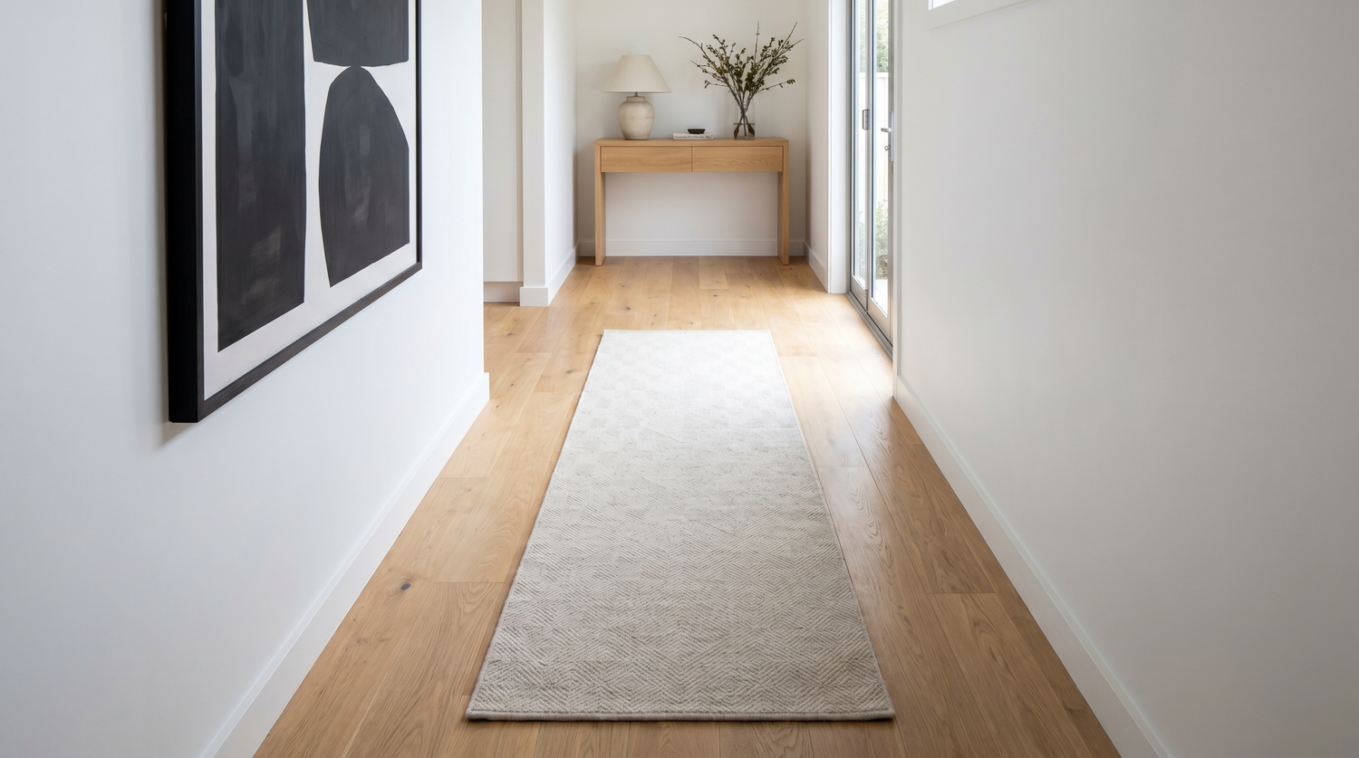 Couloir contemporain avec long tapis runner beige à motif géométrique discret, parquet clair et lumière naturelle