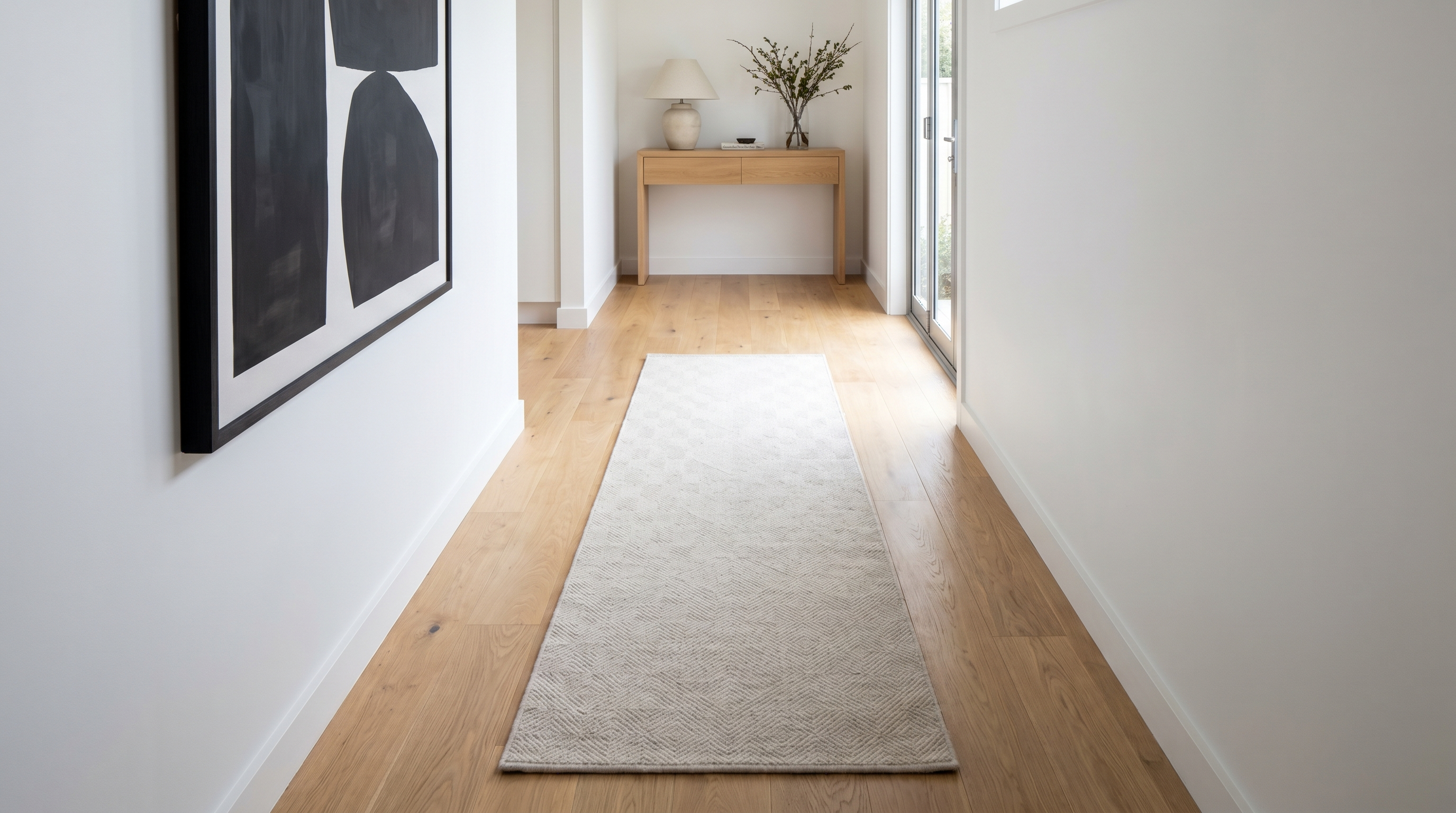 Couloir contemporain avec long tapis runner beige à motif géométrique discret, parquet clair et lumière naturelle