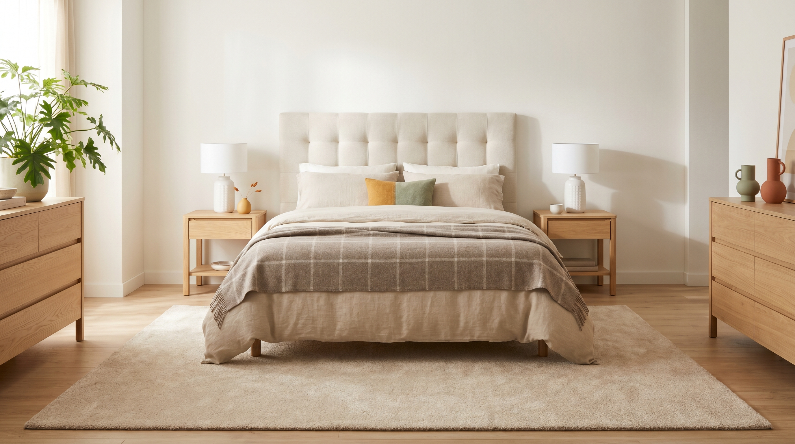 Chambre adulte contemporaine avec grand tapis 200x300 sous lit double 160, parquet clair et linge de lit beige naturel
