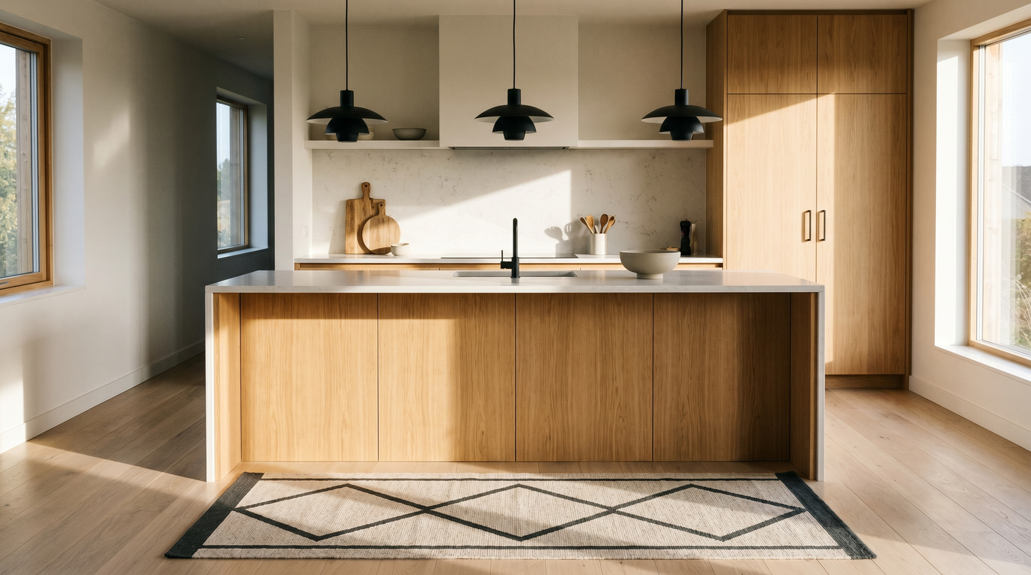 Cuisine ouverte contemporaine avec tapis runner devant un plan de travail en bois clair, motif géométrique discret beige et anthracite