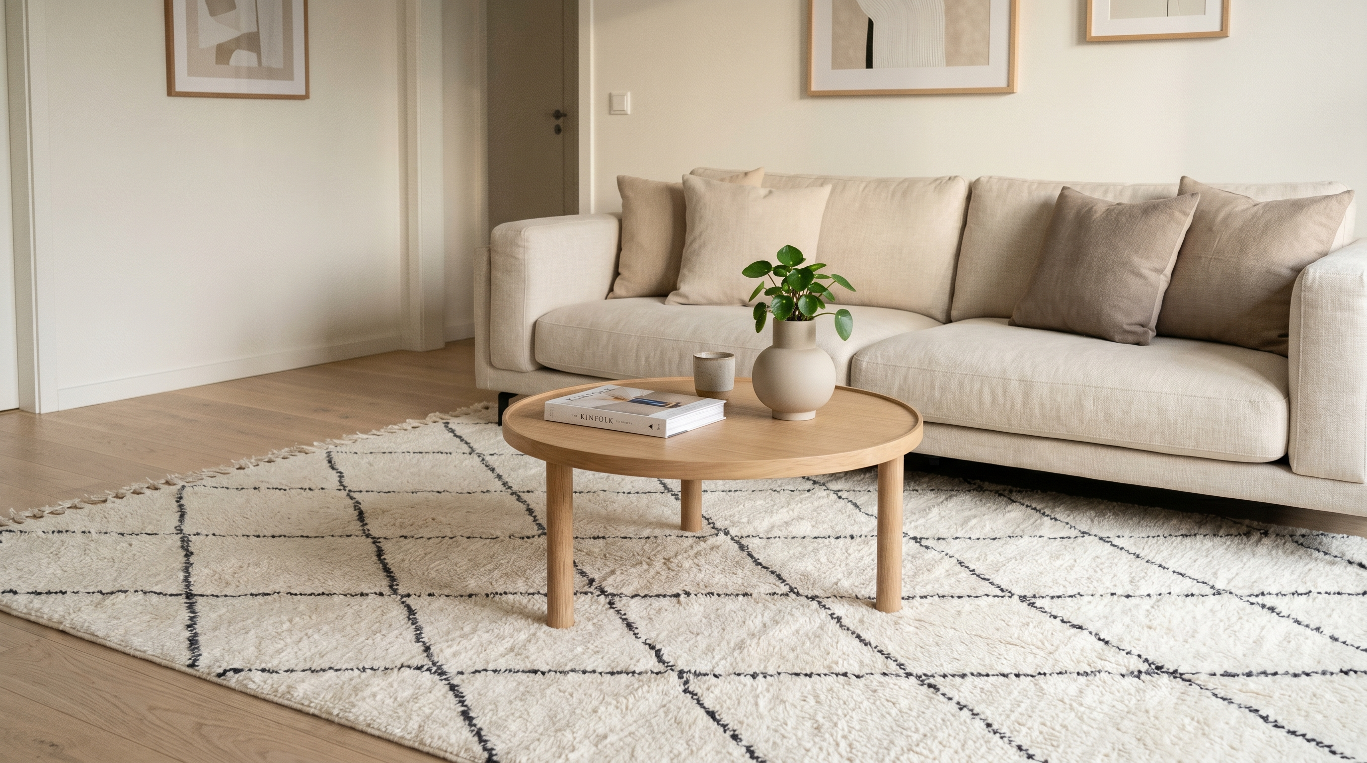 Salon contemporain avec tapis style berbère ivoire à losanges anthracite sous canapé en lin écru, parquet clair et plante verte