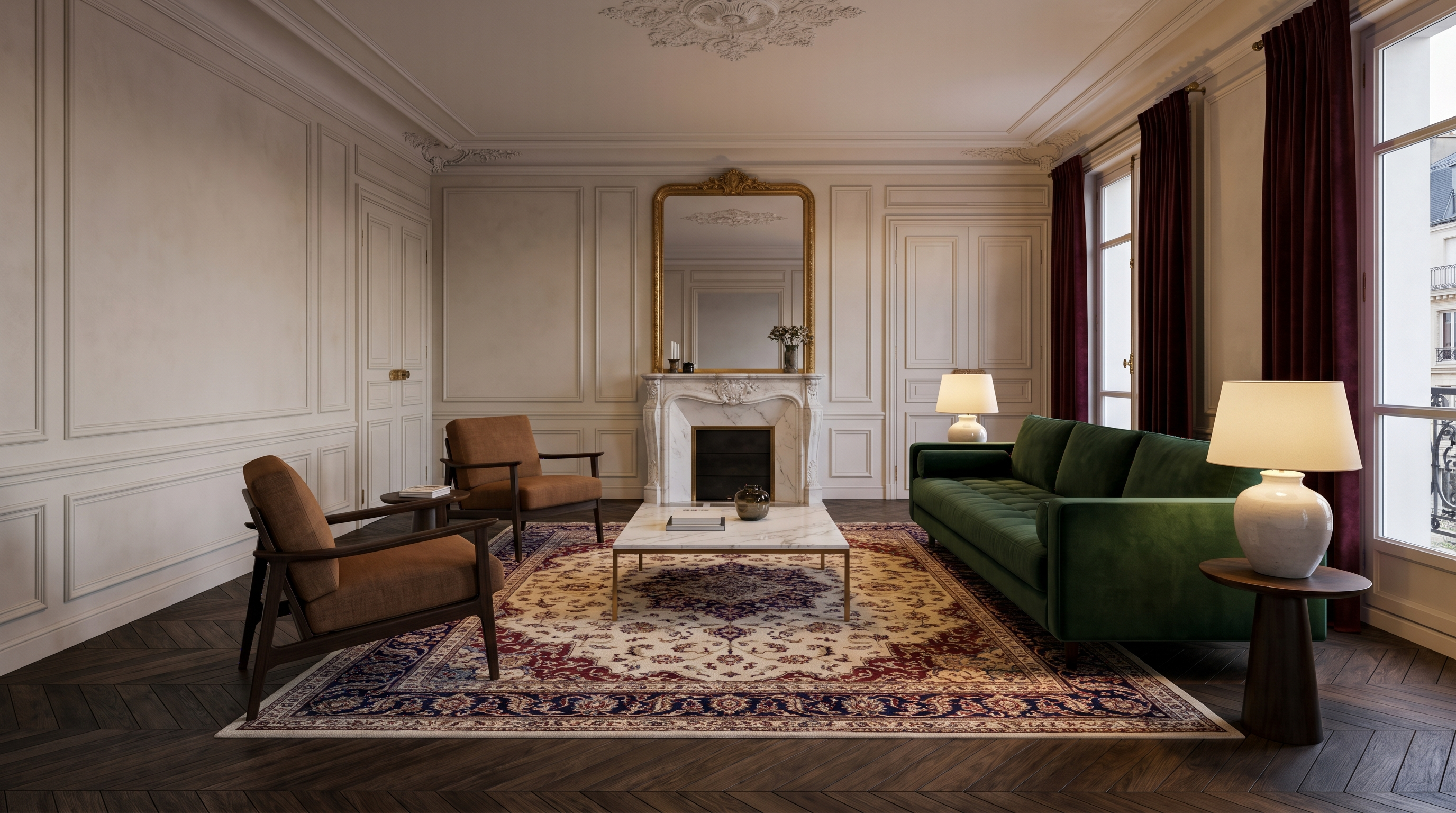 Salon contemporain de 20 m² avec grand tapis 200x300 sous canapé vert et 2 fauteuils, table basse claire, parquet sombre