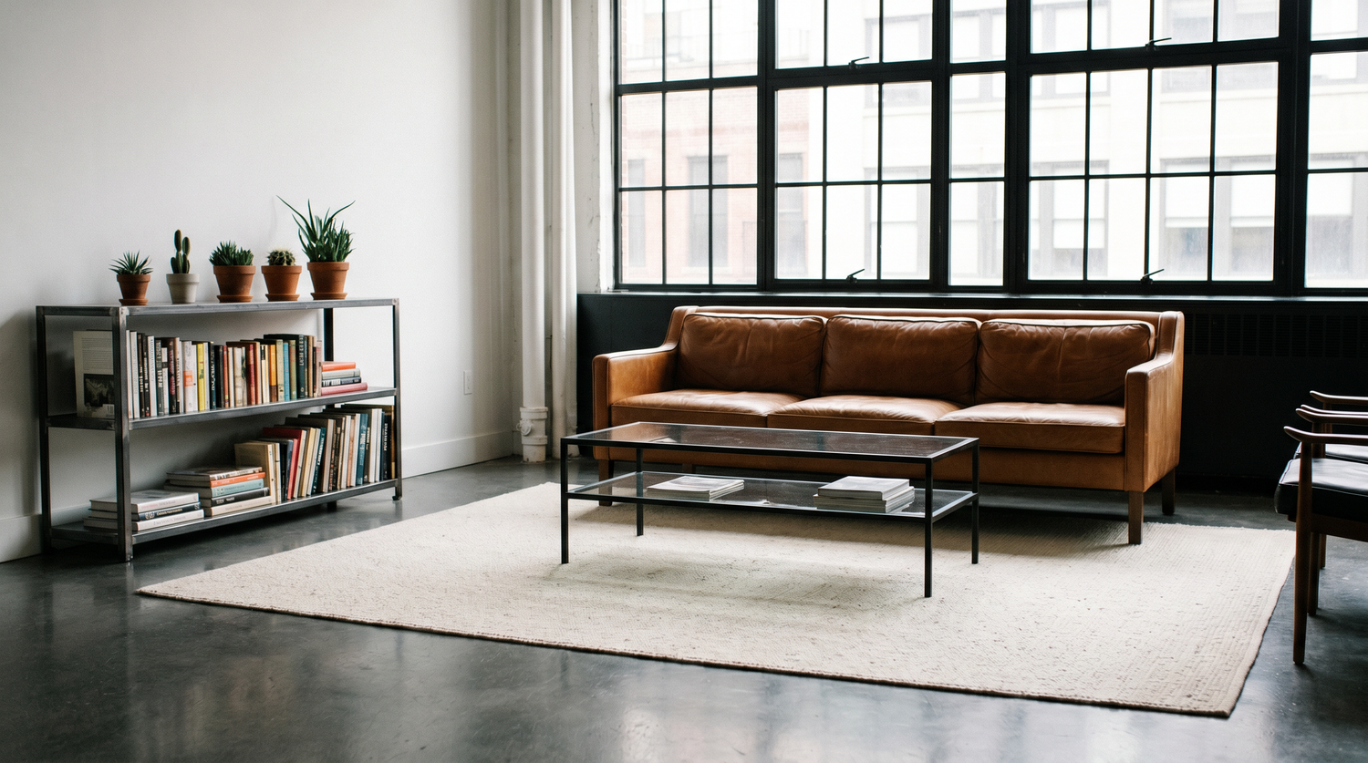 Loft industriel avec sol béton ciré gris, grand tapis écru sous canapé cuir cognac et table métal noir, ambiance lumineuse pour entretien tapis