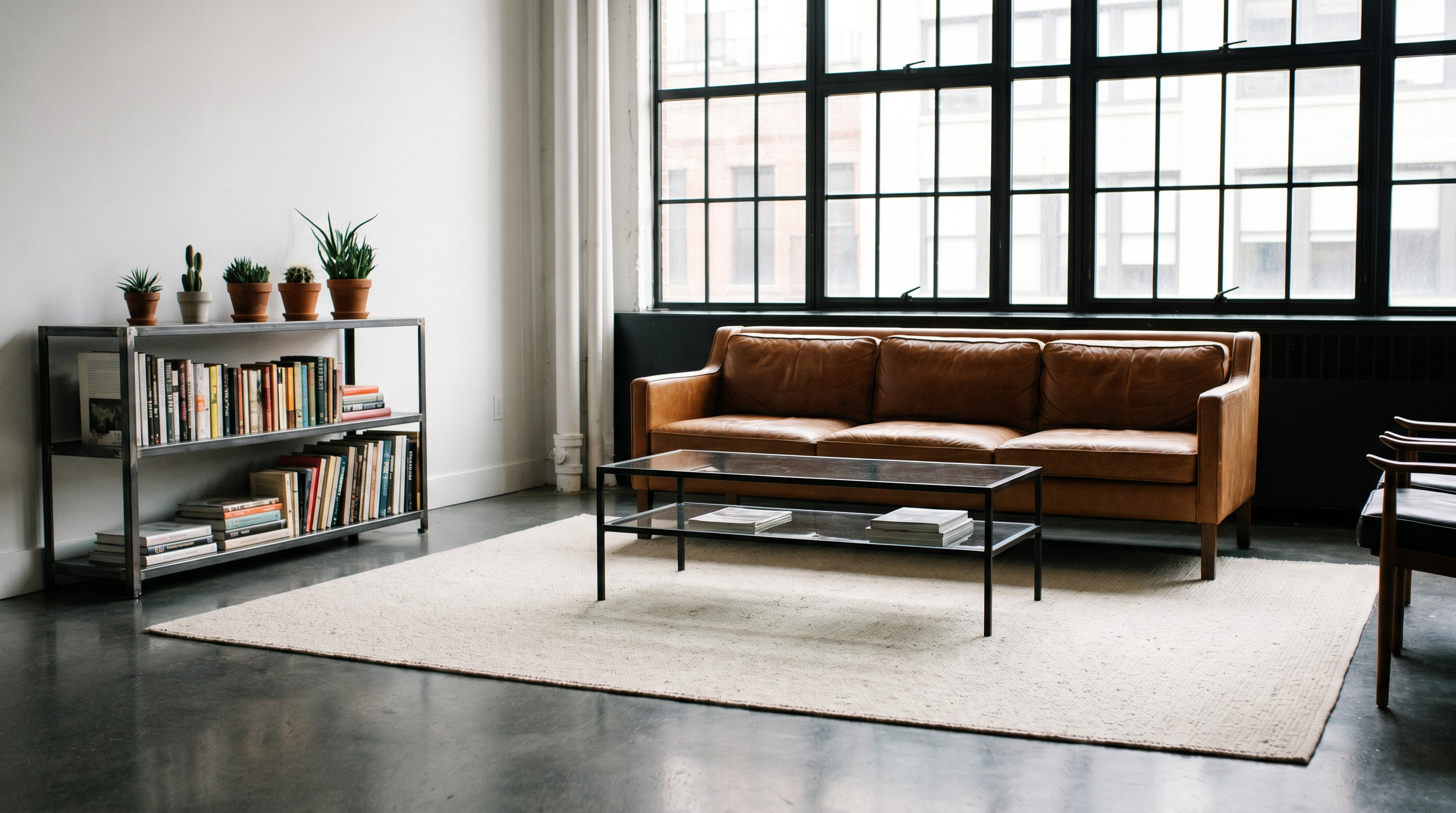 Loft industriel avec sol béton ciré gris, grand tapis écru sous canapé cuir cognac et table métal noir, ambiance lumineuse pour entretien tapis