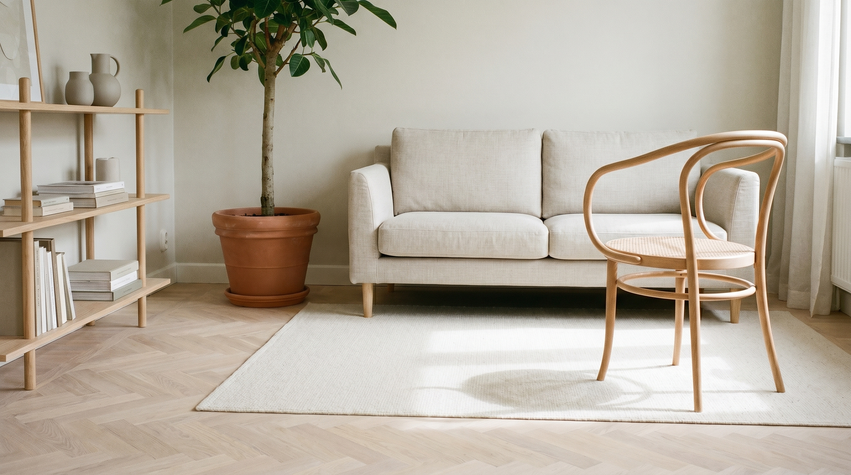 Studio scandinave avec parquet chêne pâle huilé, tapis 160x230 crème sous canapé deux places en lin clair, fauteuil bois cintré et plante verte