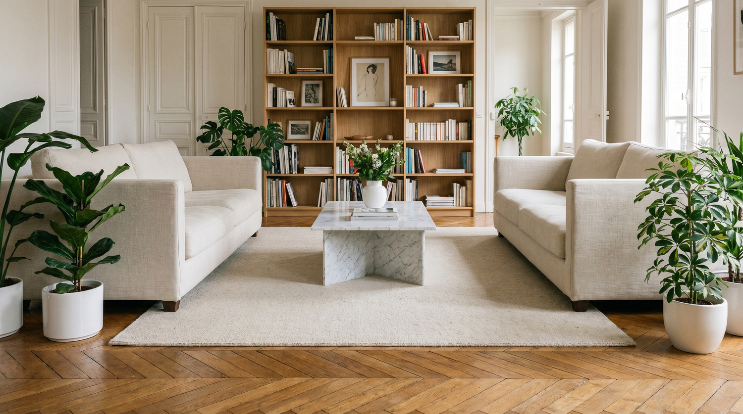 Maison de famille bourgeoise avec parquet ancien chêne moyen, grand tapis 200x300 beige sous deux canapés en lin écru vis-à-vis et table marbre veiné