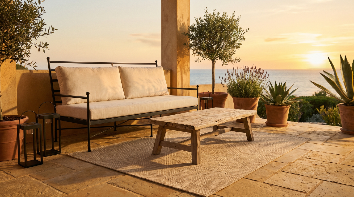 Terrasse méditerranéenne en bord de mer avec dalles pierre ocre, tapis extérieur sable géométrique sous banquette outdoor, table teck et plantes méditerranéennes