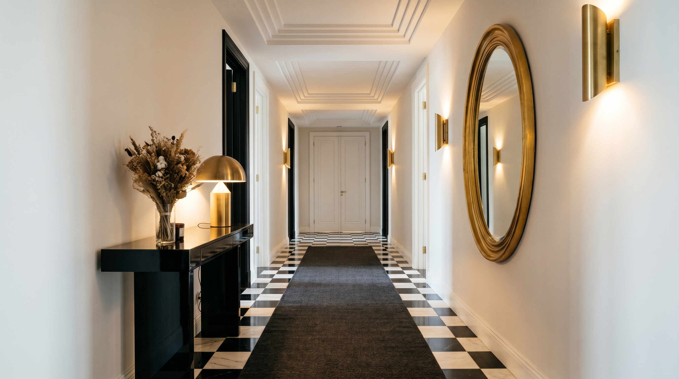 Couloir Art déco élégant avec parquet noir mat ou marbre damier noir et blanc, tapis runner anthracite, console laquée noire, miroir doré et applique laiton brossé