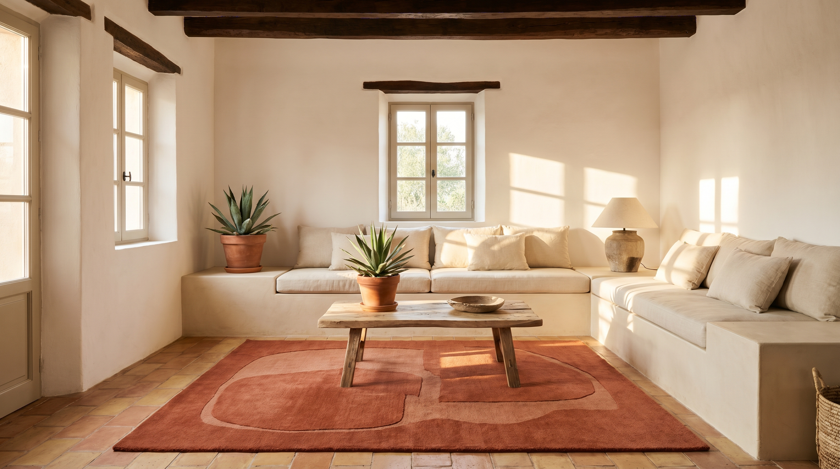 Salon bohème méditerranéen avec tomette terre cuite ocre, grand tapis terracotta motif abstrait 200x300, banquette plâtre crème, bois flotté et plante agave