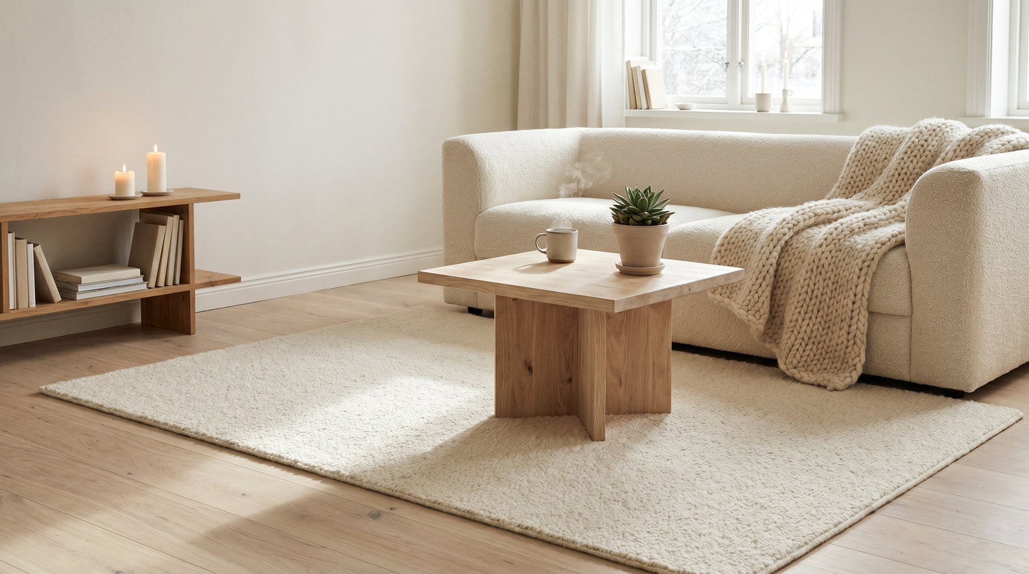 Intérieur scandinave nordique en hiver avec parquet bois clair brut, tapis laine ivoire 200x300 sous canapé bouclette crème, plaid en laine et bois sapin