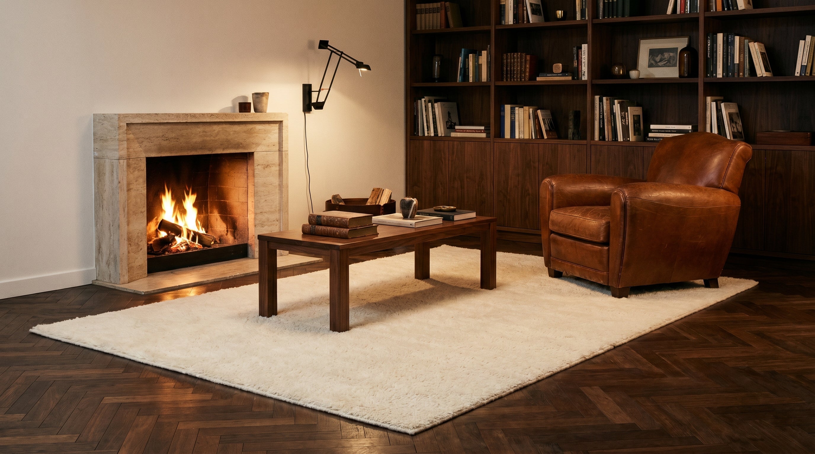 Salon mid-century moderne masculin avec parquet noyer foncé point de Hongrie, tapis laine ivoire profond 200x300, fauteuil cuir cognac, table noyer et cheminée