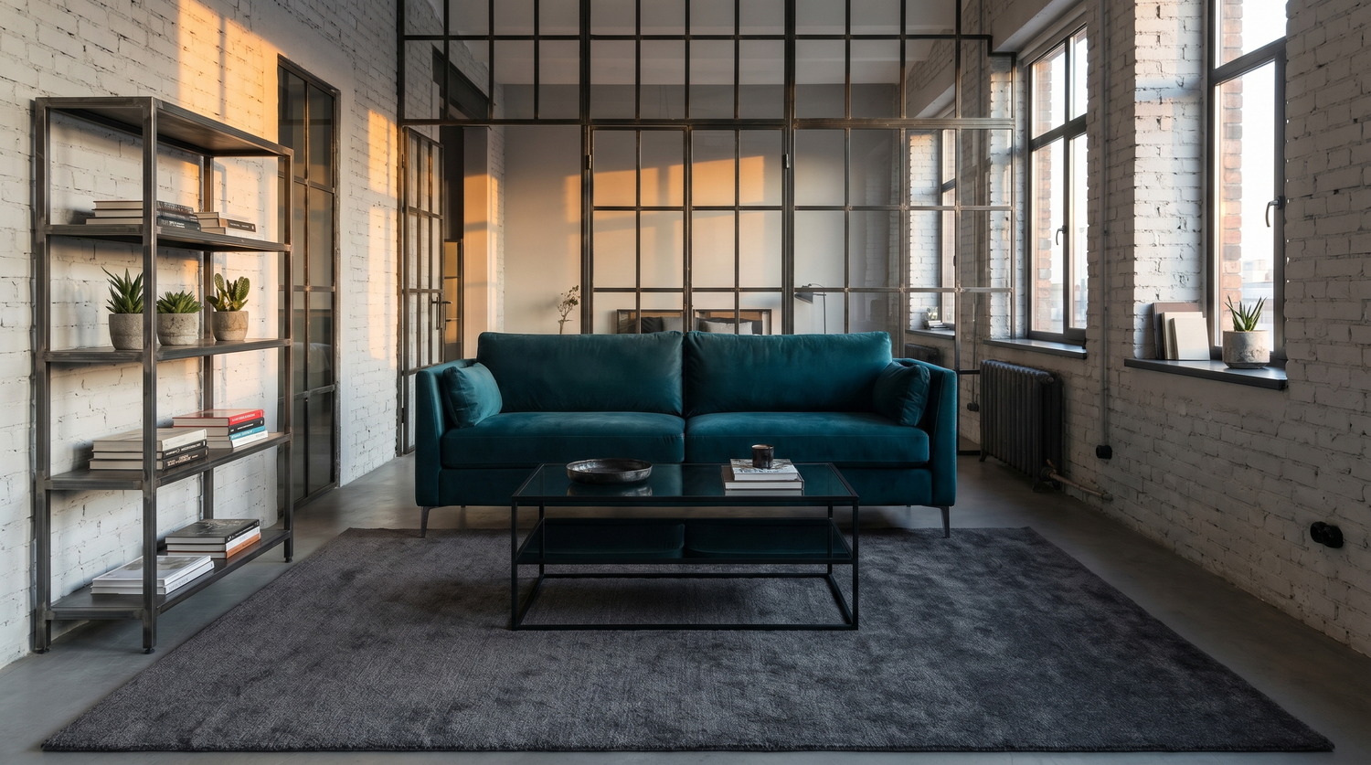 Loft contemporain industriel chic avec sol béton ciré poli, grand tapis anthracite 200x300 sous canapé velours bleu canard, table métal noir et étagère acier brut