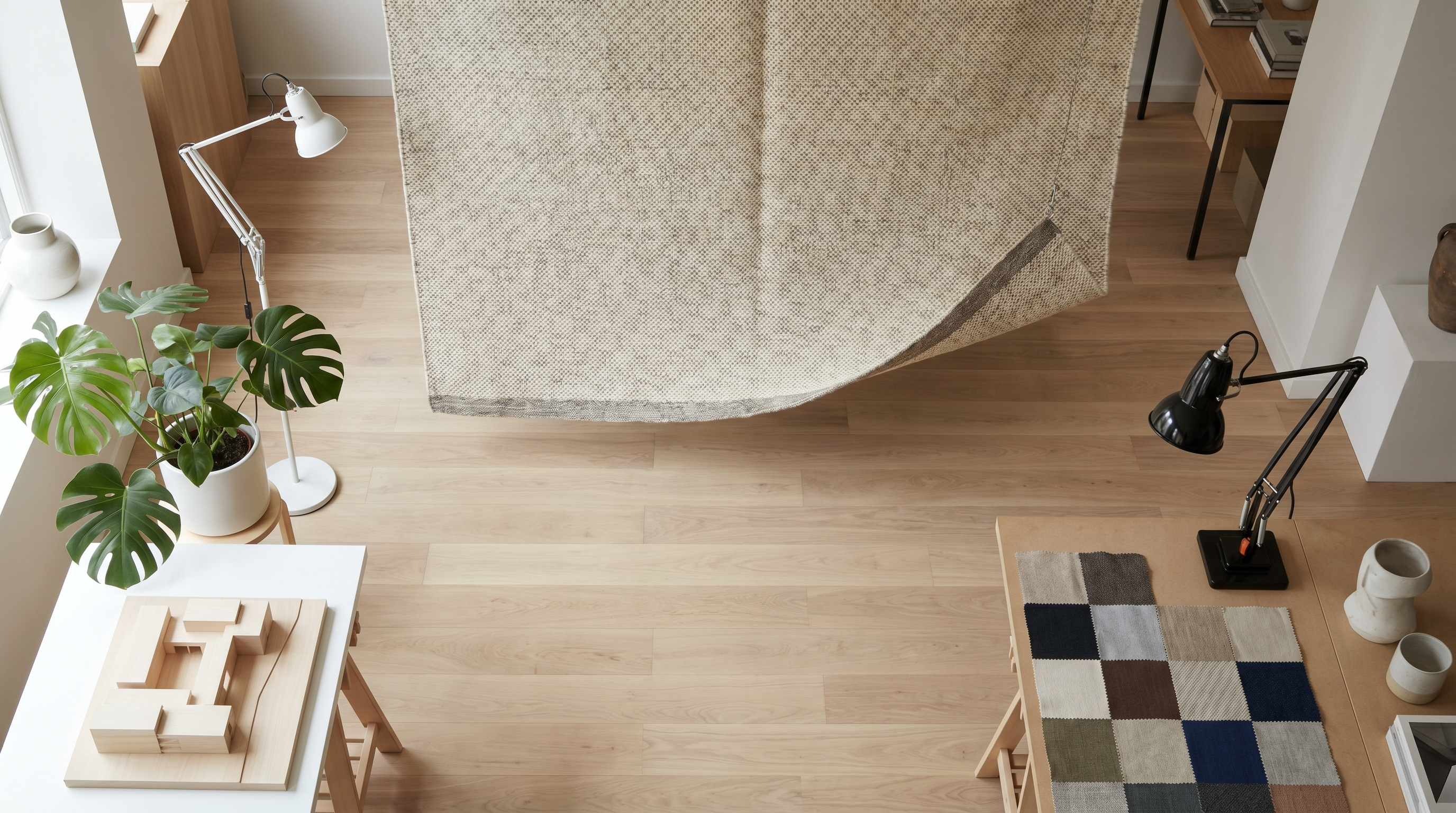 Atelier boutique design avec parquet brut brossé, tapis exposé en suspension, lampes Anglepoise, plante monstera et maquette 3D, ambiance studio créatif