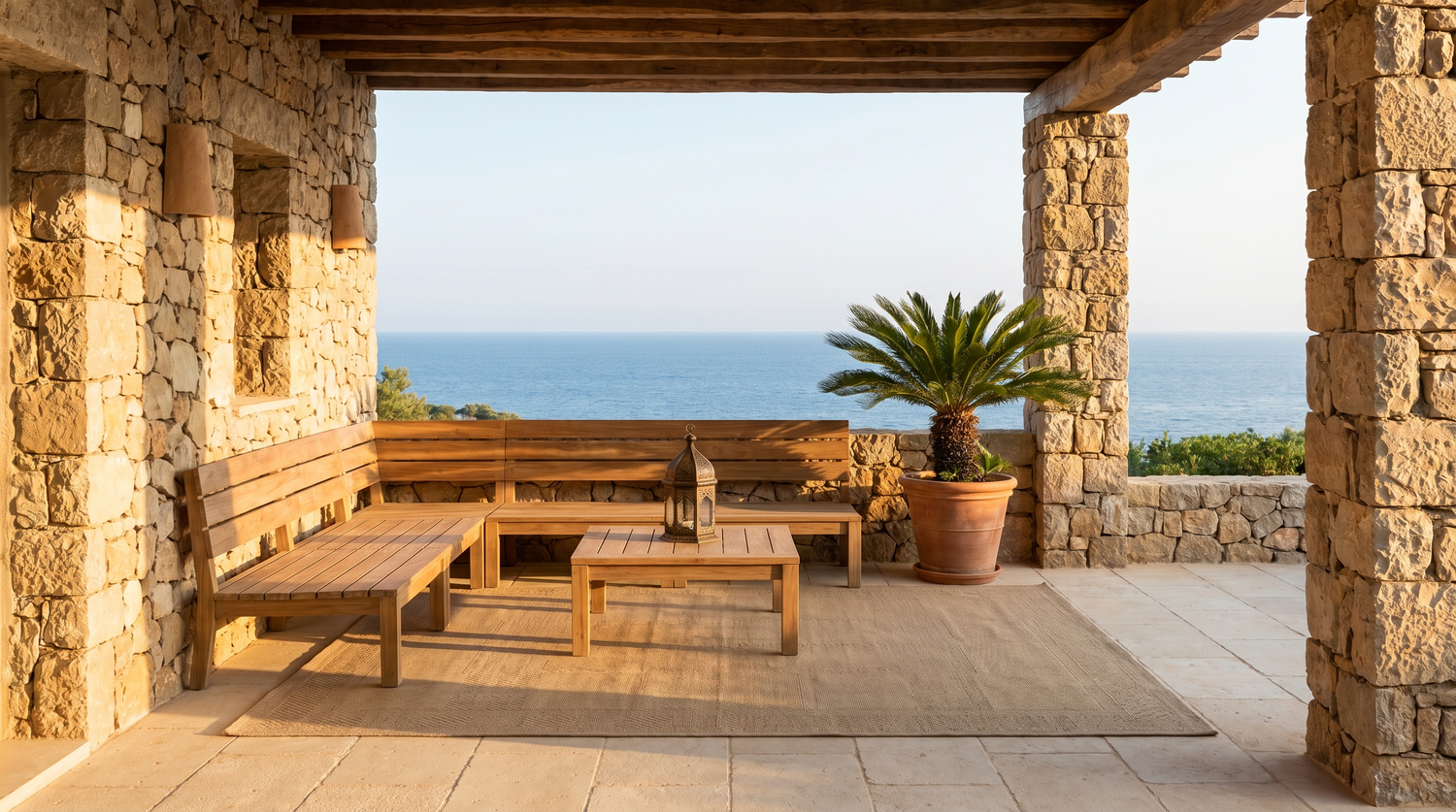 Pergola pierre méditerranéenne avec pavés pierre claire, tapis polypropylène extérieur sable géométrique, banquette bois teck, lanterne marocaine et palmier nain