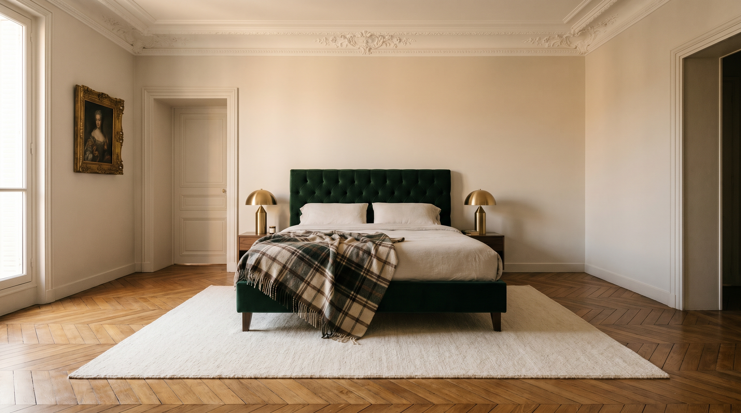 Chambre maître haussmannienne avec parquet ancien chêne moyen, lit 160x200 tête capitonnée velours vert sapin, grand tapis ivoire 200x300 sous lit, lampes laiton et plaid laine