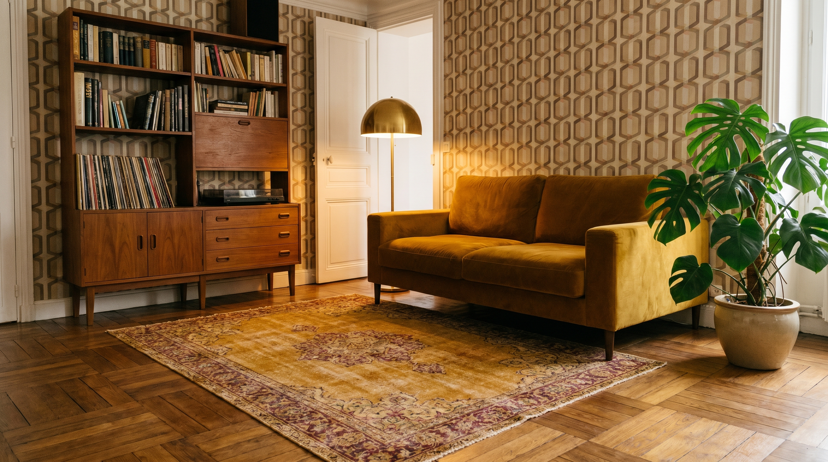 Appartement parisien rétro années 70 avec parquet bois moyen parqueterie, tapis vintage vert moutarde, velours moutarde, papier peint motifs et bibliothèque teck