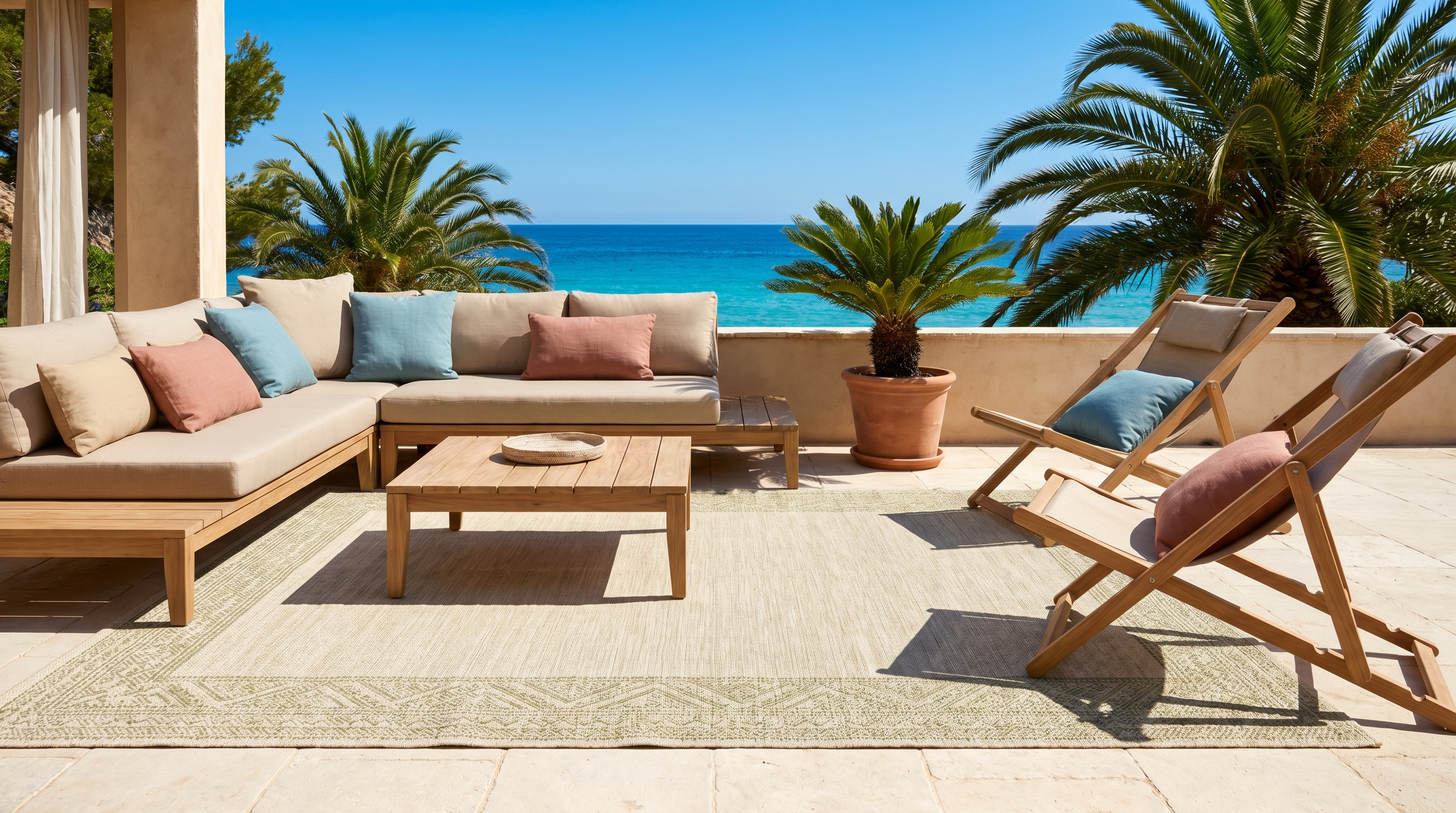 Terrasse méditerranéenne plein soleil avec pavés pierre claire, mobilier outdoor teck, grand tapis sable géométrique 200x290, palmier nain, ciel bleu profond et vue mer