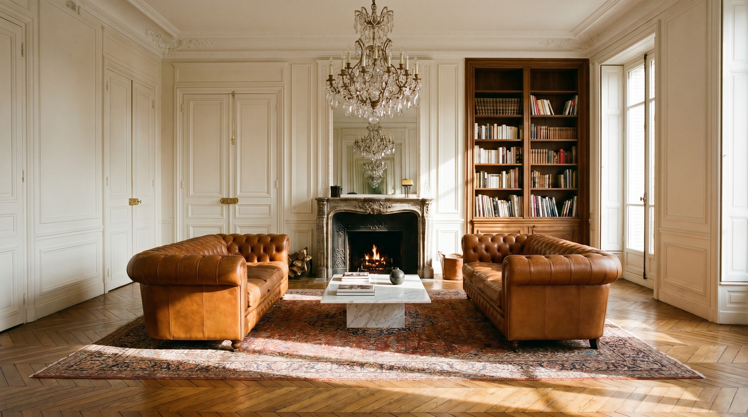 Grand salon haussmannien 35 m² avec parquet ancien noyer chevron, grand tapis 300x400 sous deux canapés cuir cognac vis-à-vis, lustre cristal et marbre veiné