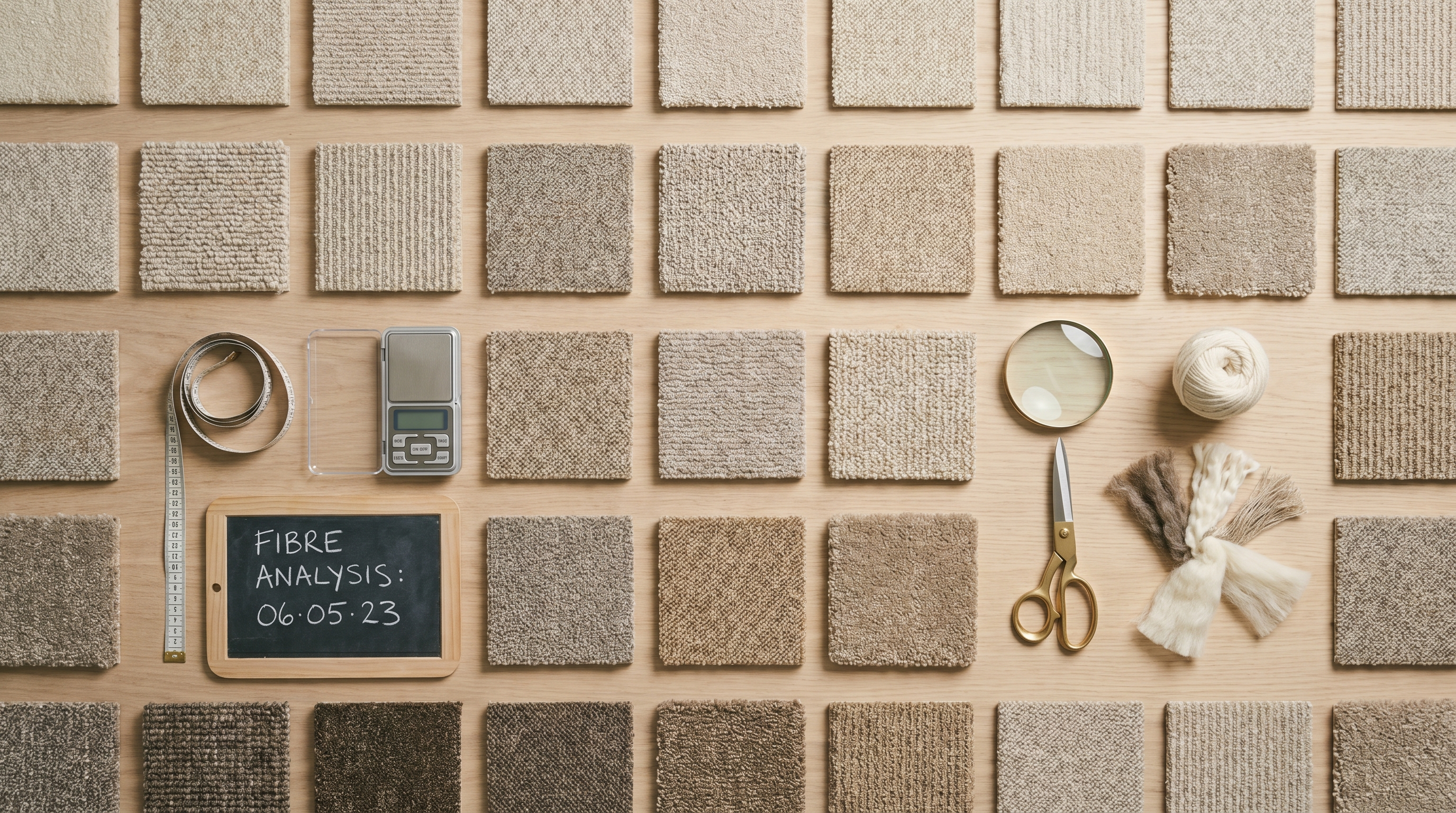 Flat lay studio textile éditorial avec bois clair brossé, échantillons de tapis posés, mètre couture, balance précise, ardoise et ambiance laboratoire matériau