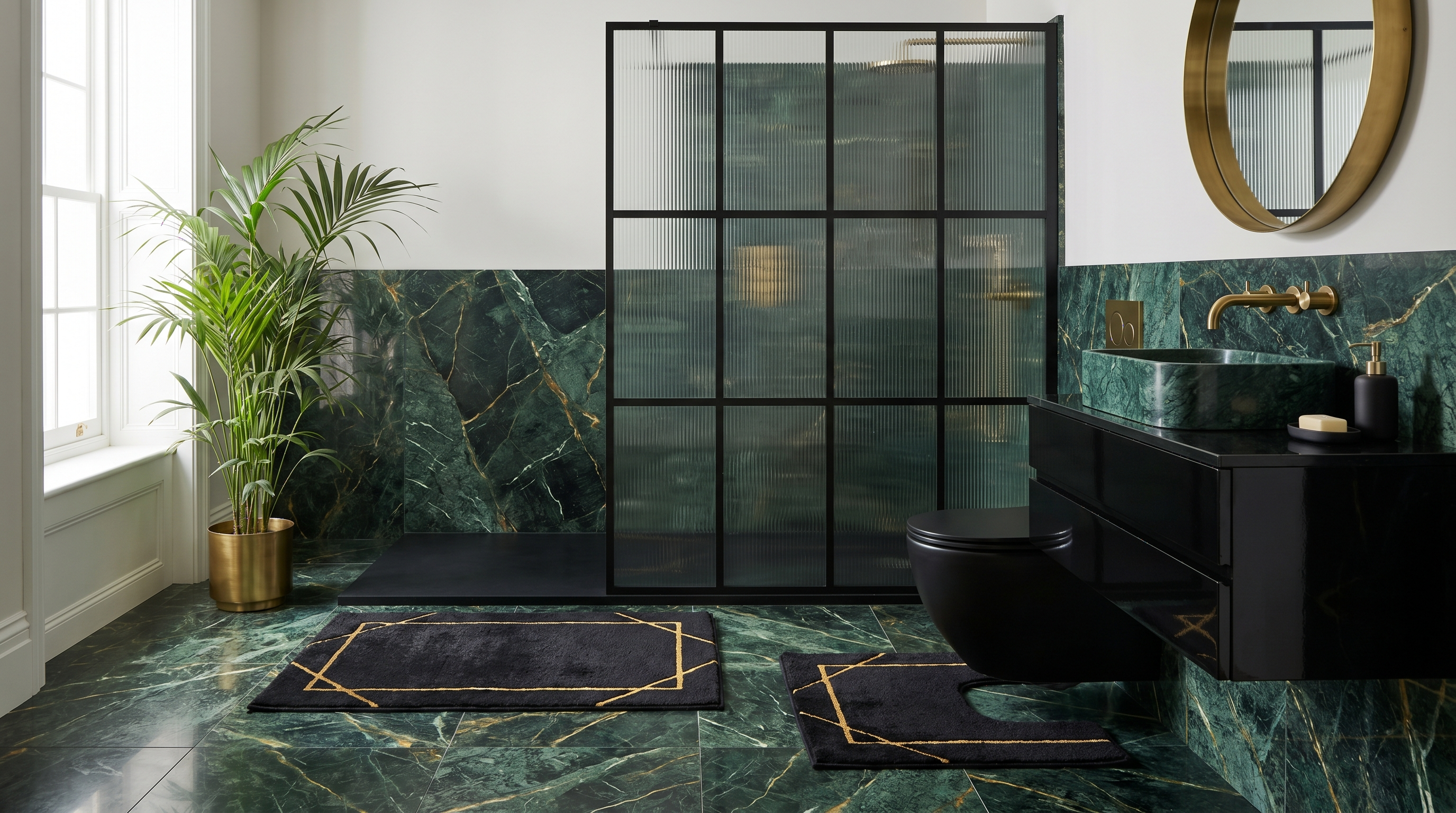 Salle de bain art déco avec marbre vert empereur veiné, kit bain noir et or, vasque marbre, robinetterie laiton brossé et miroir rond