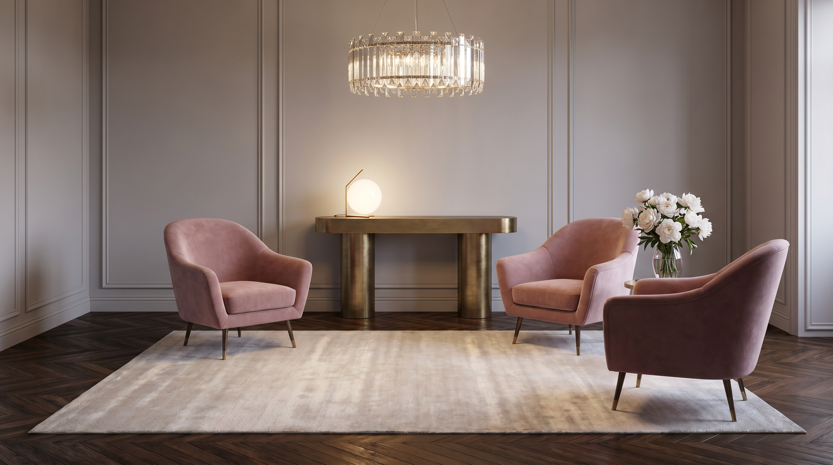 Salon haute couture pastel avec parquet noyer foncé, fauteuils velours rose poudré, tapis viscose ivoire chatoyant, console laiton et lustre cristal