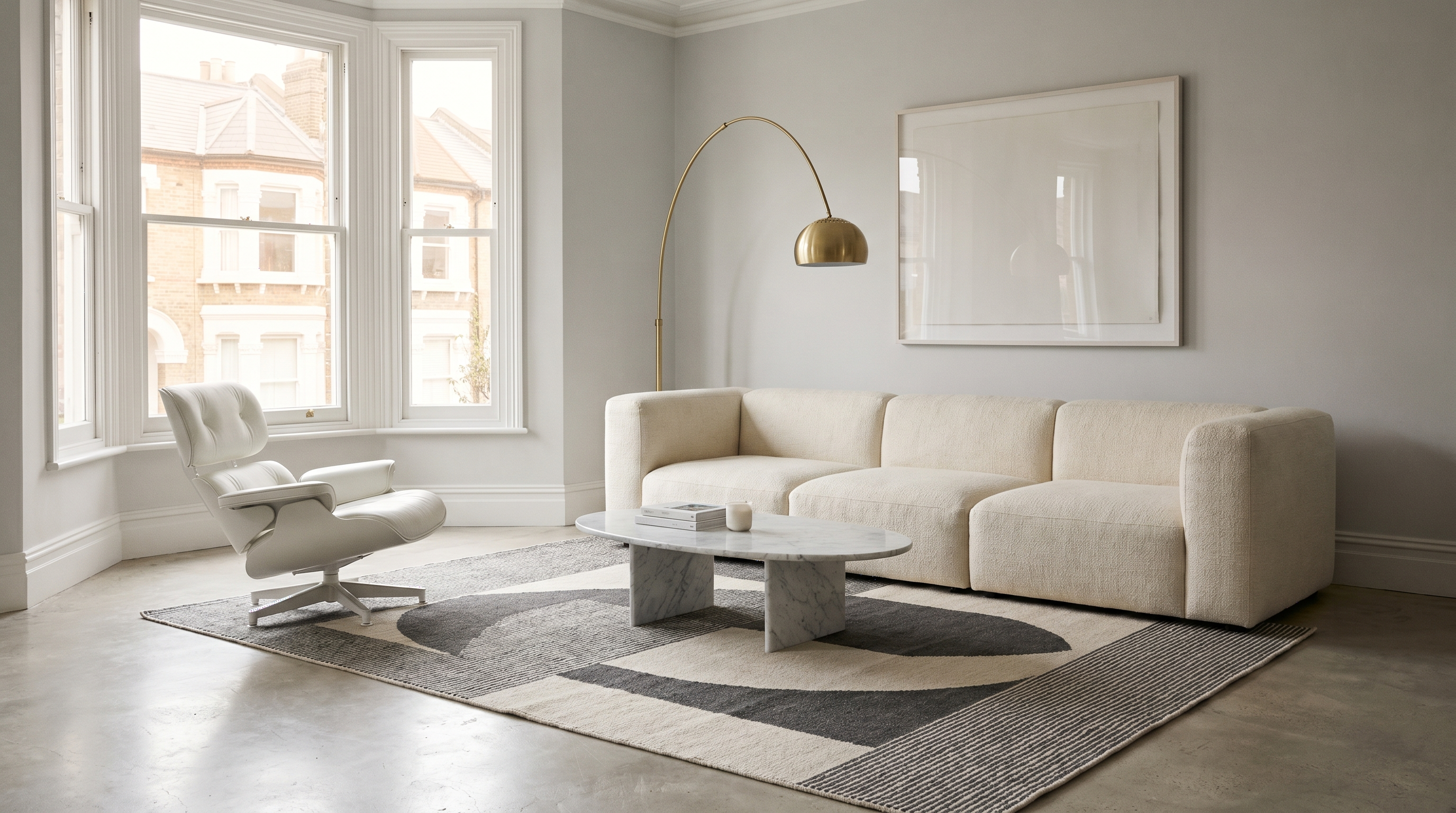 Salon design contemporain avec verrière atelier, canapé modulaire gris anthracite, tapis géométrique sable et noir, plante monstera et plafonnier sculptural