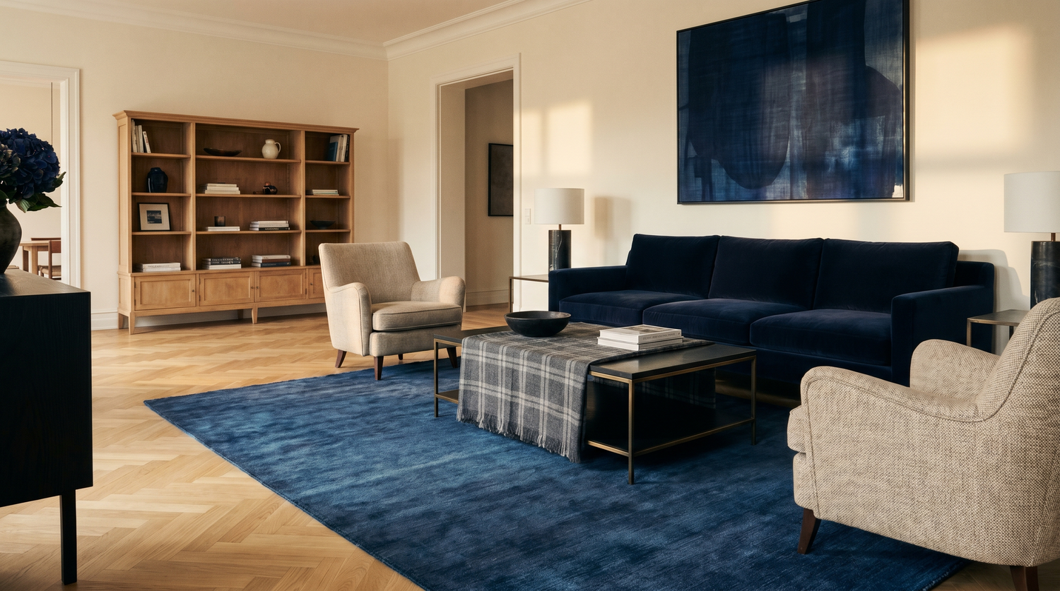 Salon contemporain élégant avec canapé velours bleu nuit, tapis bleu canard à motif géométrique, mur boisé chêne et lampe en laiton brossé