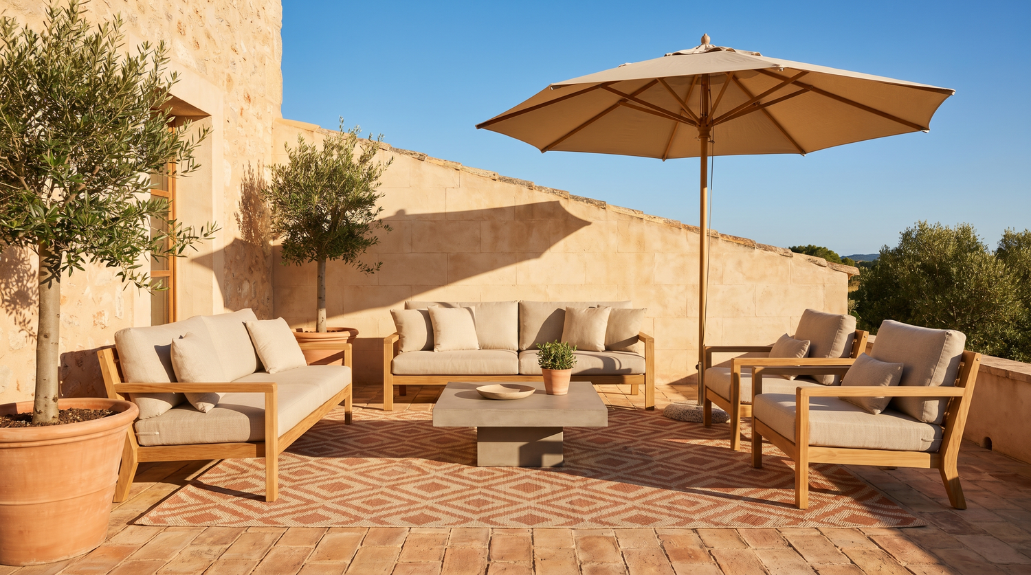 Terrasse bois exotique avec mobilier de jardin en teck, tapis extérieur polypropylène à motif géométrique beige et taupe, sous pergola et plantes méditerranéennes